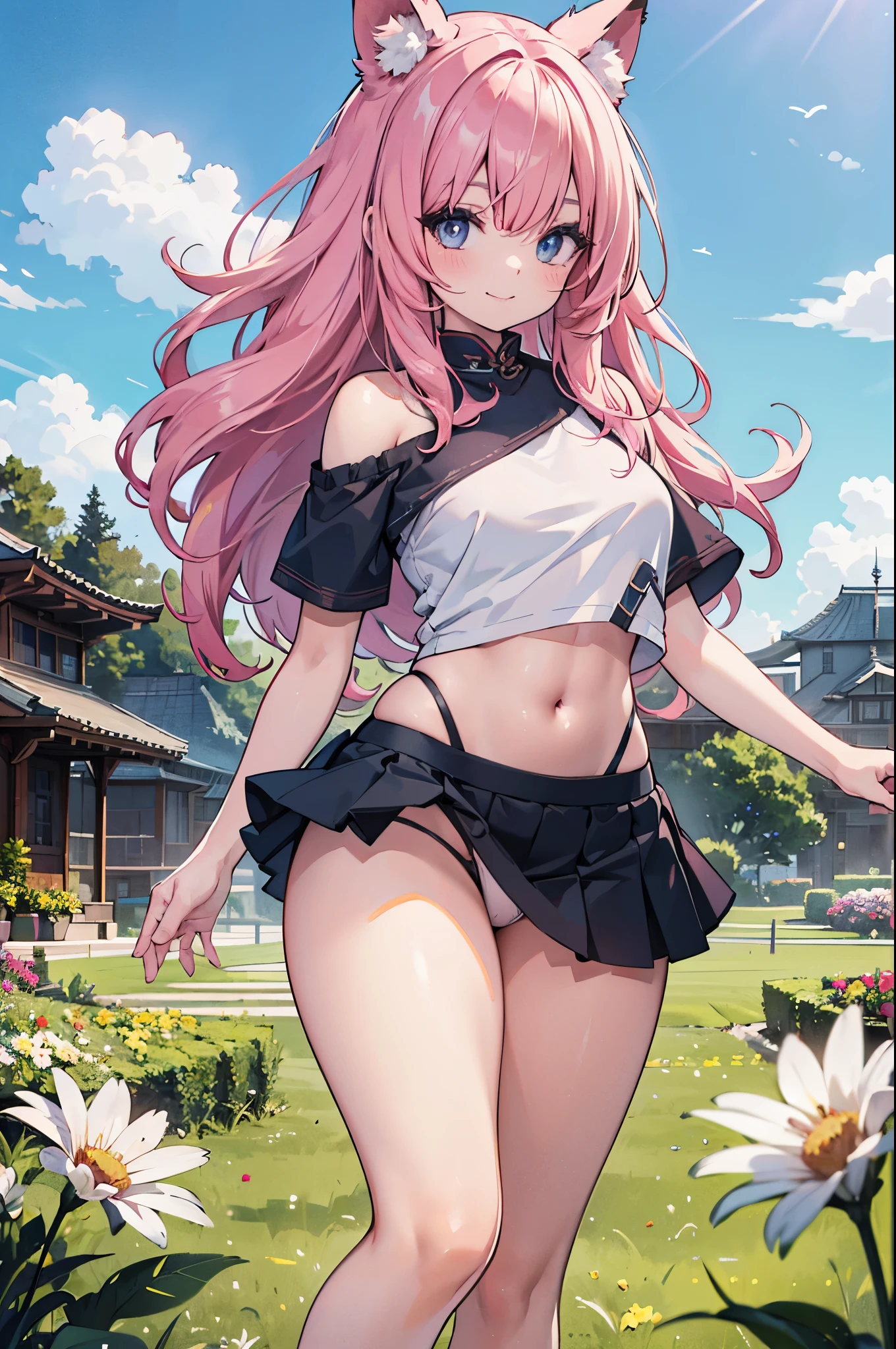 realistic image, coherent image, detailed image, 1 beautiful woman. She has pink hair, long hair. Her eyes are purple, long eyelashes, fox ears. Her face is oval and delicate, smiling. She is wearing a short-sleeved off-the-shoulder t-shirt, showing her navel, a white pleated mini skirt, a thin thong, and sneakers. She has a curvy body, medium breasts, thick thighs. background of a Taoist tempo, surrounded by a field of flowers, natural lighting, volumetric lighting,