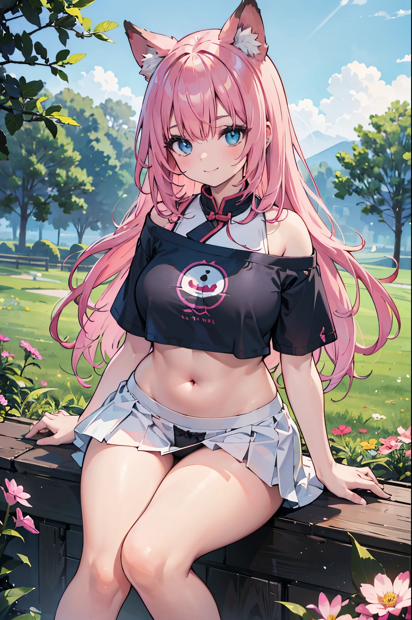 realistic image, coherent image, detailed image, 1 beautiful woman. She has pink hair, long hair. Her eyes are purple, long eyelashes, fox ears. Her face is oval and delicate, smiling. She is wearing a short-sleeved off-the-shoulder t-shirt, showing her navel, a white pleated mini skirt, a thin thong, and sneakers. She has a curvy body, medium breasts, thick thighs. background of a Taoist tempo, surrounded by a field of flowers, natural lighting, volumetric lighting,