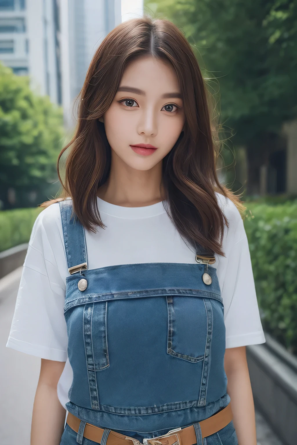 (( need, 8k, masterpiece:1.3)), Full body Esbian, long legs, 4 colors:1.2, beautiful woman with perfect figure:1.4, slim abs:1.1, ((dark brown hair, huge tit:1.2 )), (white tight t-shirt, denim suspenders, stand on one'my feet:1.2), ((city :1.3)), Highly detailed face and skin texture, fine eyes, double eyelid