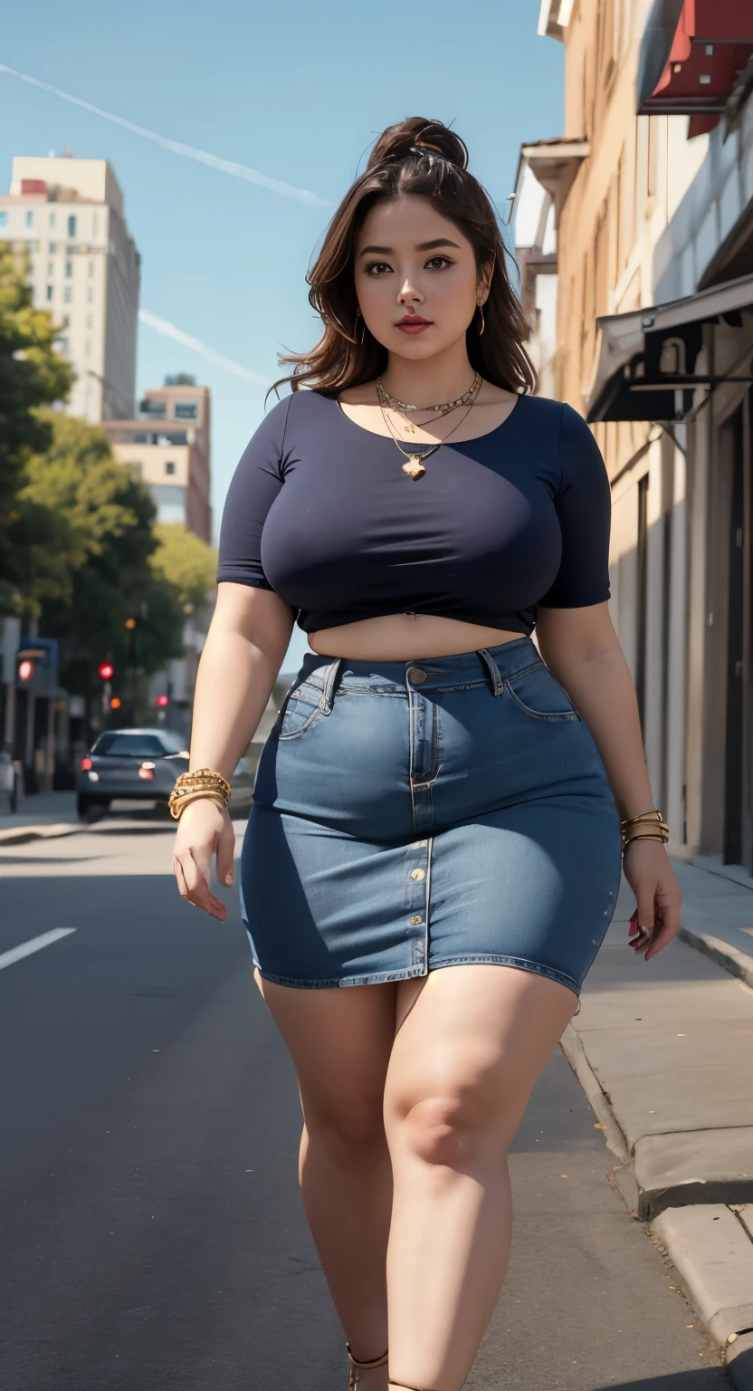 ((best quality)), ((masterpiece)), (detailed), perfect face, araffe woman in a dark-blue shirt and blue denim skirt walking down a street, thicc, she has a jiggly fat round belly, bbwchan, wearing tight simple clothes, skinny waist and thick hips, widest hips, her belly is fat and round, soft curvy shape, hyperrealistic full figure, wearing a cute top, wide hips, wearing 10 bracelet , wearing huge diamond necklace 