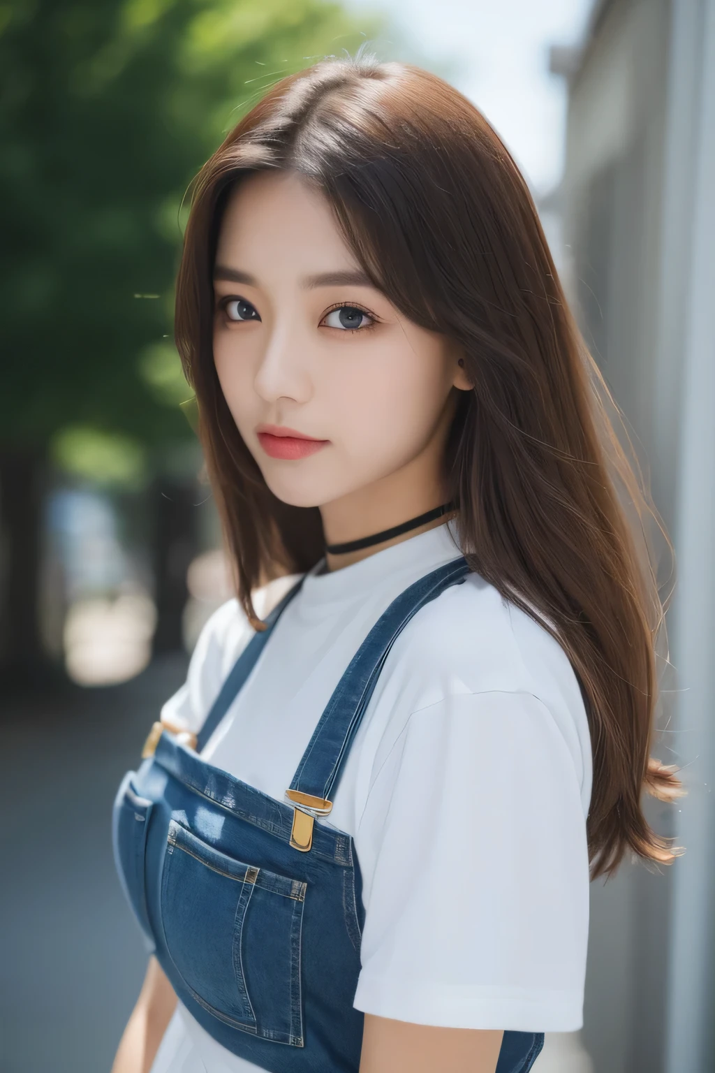 (( need, 8k, masterpiece:1.3)), Full body Esbian, long legs, 4 colors:1.2, beautiful woman with perfect figure:1.4, slim abs:1.1, ((dark brown hair, huge tit:1.2 )), (white tight t-shirt, denim suspenders, stand on one'my feet:1.2), ((city :1.3)), Highly detailed face and skin texture, fine eyes, double eyelid