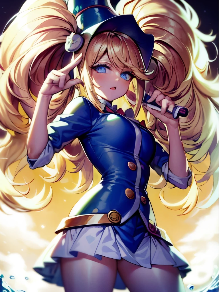 1girl, solamente,Lindo, Sensual, sentado sobre el agua, HMDMG1, Sombrero de mago, escote, hombros desnudos, vestido, fuera del hombro, magica, Mistro, particuls, corazones, amar,Molienda, Detalles altos, Arte digital, Obra maestra, ojos expresivos, papel tapiz, ojos expresivos,Lindo,hermosos ojos, Magia
