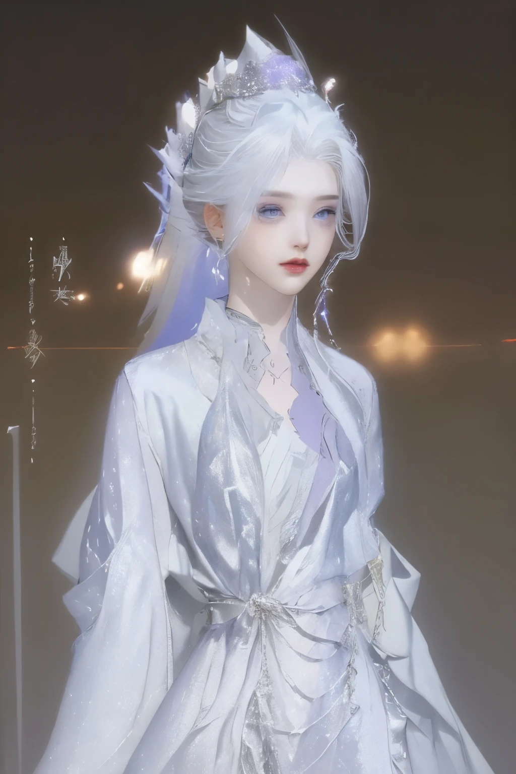 (best quality,masterpiece:1.2),ultra high resolution,realistically,front lighting,intricate details,Exquisite details and textures,(1 girl),solo,upper part of body,Purple Hanfu,好漂亮的big eyes,purple dress,Petal decoration,beautiful face,facing the audience,ribbon,gossamer,(young),facial highlights,Detailed production,tear nevus,White skin,silver hair,high ponytail,looking at the audience,big eyes,(hollow pattern),ear nipple ring,fit,White background,right hand,professional lighting,photon mapping,radio city,Physically based rendering