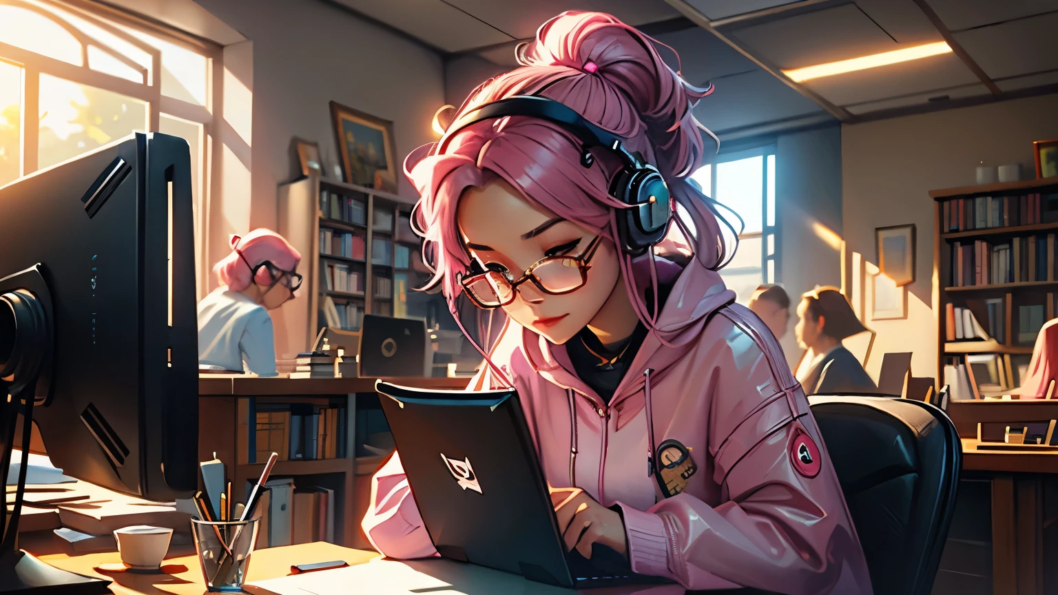 Create an oil painting of an adorable female streamer sitting at a computer with eyes closed。, wear headphones, has pink hair, Librarian-style glasses by James Christensen, ah、Chang, cgsociety, illumination, pixar, Ultra clear high fidelity, sunny day background