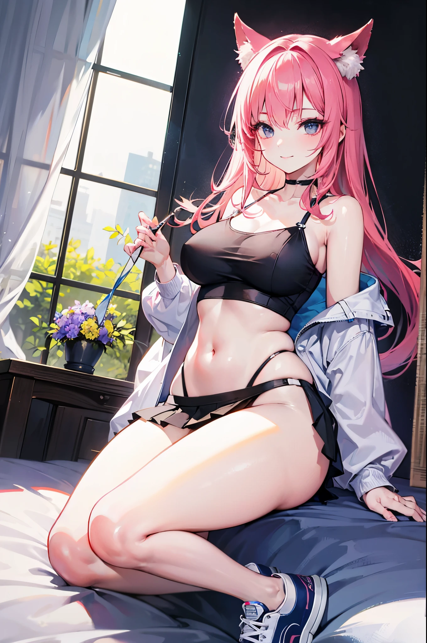 realistic image, coherent image, detailed image, 1 beautiful woman. She has pink hair, long hair. Her eyes are purple, long eyelashes, fox ears. Her face is oval and delicate, smiling. She is wearing a short-sleeved off-the-shoulder t-shirt, showing her navel, a white pleated mini skirt, a thin thong, and sneakers. She has a curvy body, medium breasts, thick thighs. background of a Taoist tempo, surrounded by a field of flowers, natural lighting, volumetric lighting,