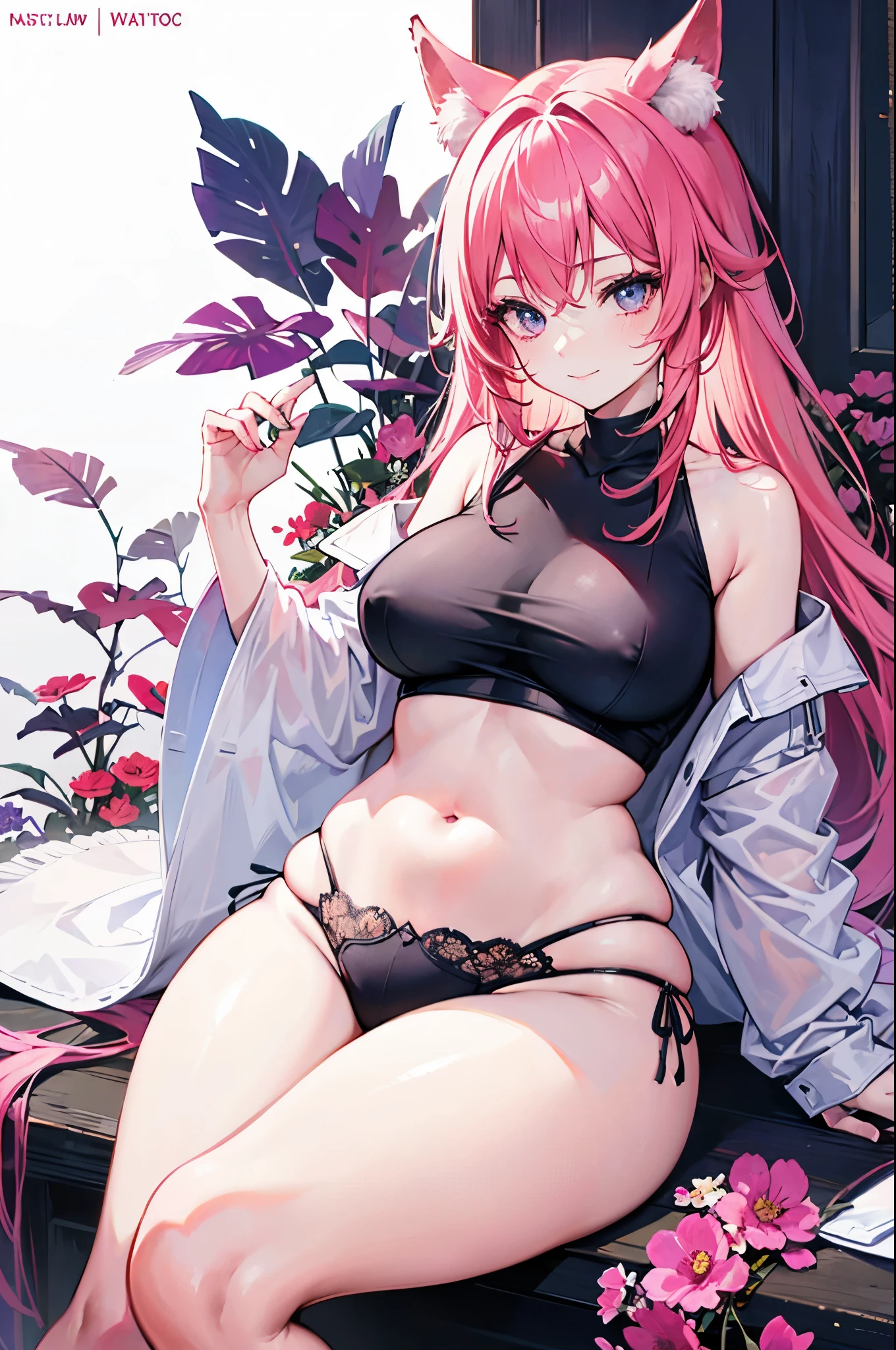 realistic image, coherent image, detailed image, 1 beautiful woman. She has pink hair, long hair. Her eyes are purple, long eyelashes, fox ears. Her face is oval and delicate, smiling. She is wearing a short-sleeved off-the-shoulder t-shirt, showing her navel, a white pleated mini skirt, a thin thong, and sneakers. She has a curvy body, medium breasts, thick thighs. background of a Taoist tempo, surrounded by a field of flowers, natural lighting, volumetric lighting,