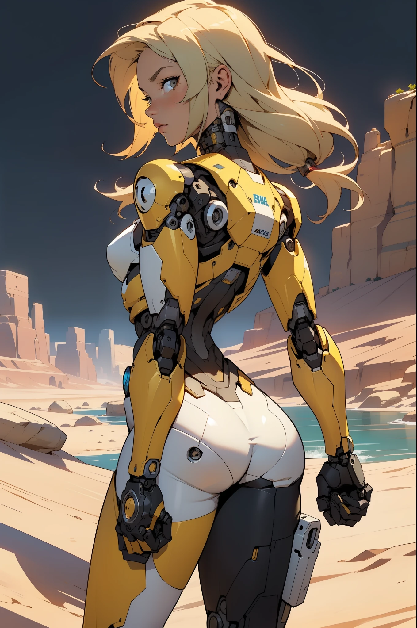 high quality, 4k, masterpiece, beautiful, cyborg girl, cowboy shot, dull eyes, back side, turning around to look at viewer, long blonde hair, girl, small breasts, fit thigh, robotic arms, robotic body, cyborg body, yellow accent, red accent, intricate detail, joint, detailed lines, robotic detail, holding fist up, holding hand up as fist, color robotic parts, robotic parts with color, perfect fingers, on a desert planet, sunny background, colorful desert, a river or a lake in the background