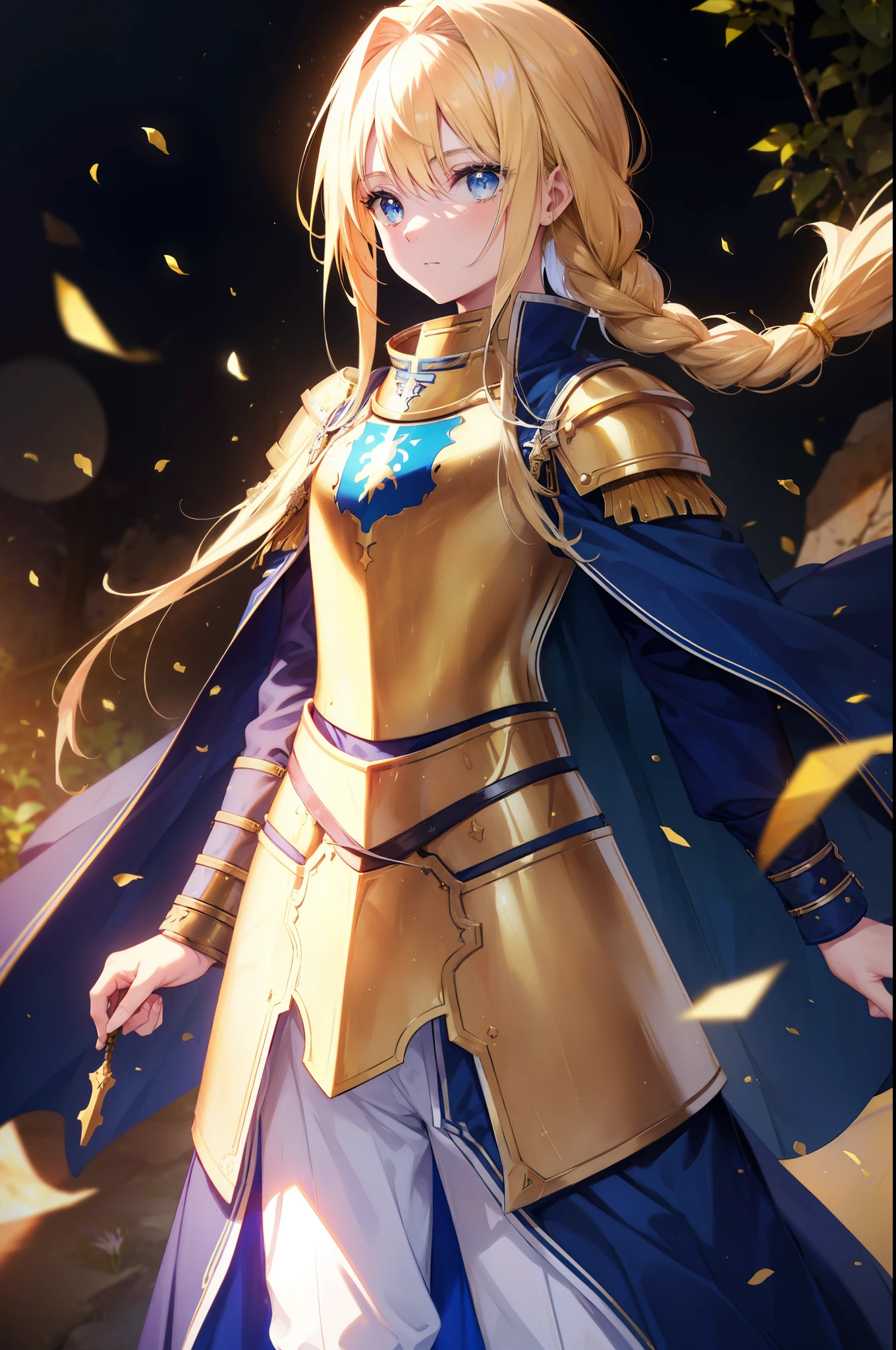 allisburg, Alice Zuberg, bangs, blue eyes, blonde hair, hair between eyes, very long hair, Braid, hair band, white hair band,
break dress, cape, armor, blue clothes, shoulder armor, gauntlet, pauldron, breastplate, armored dress, mistake, blue cape, knight, (gold armor:1.5), body armor,A golden sword is stuck in the ground,Right hand resting on hip,
break outside, forest, nature, sun, null,
break looking at viewer, (cowboy shot:1.5),
break (masterpiece:1.2), highest quality, High resolution, unity 8k wallpaper, (figure:0.8), (detailed and beautiful eyes:1.6), highly detailed face, perfect lighting, Very detailed CG, (perfect hands, perfect anatomy),