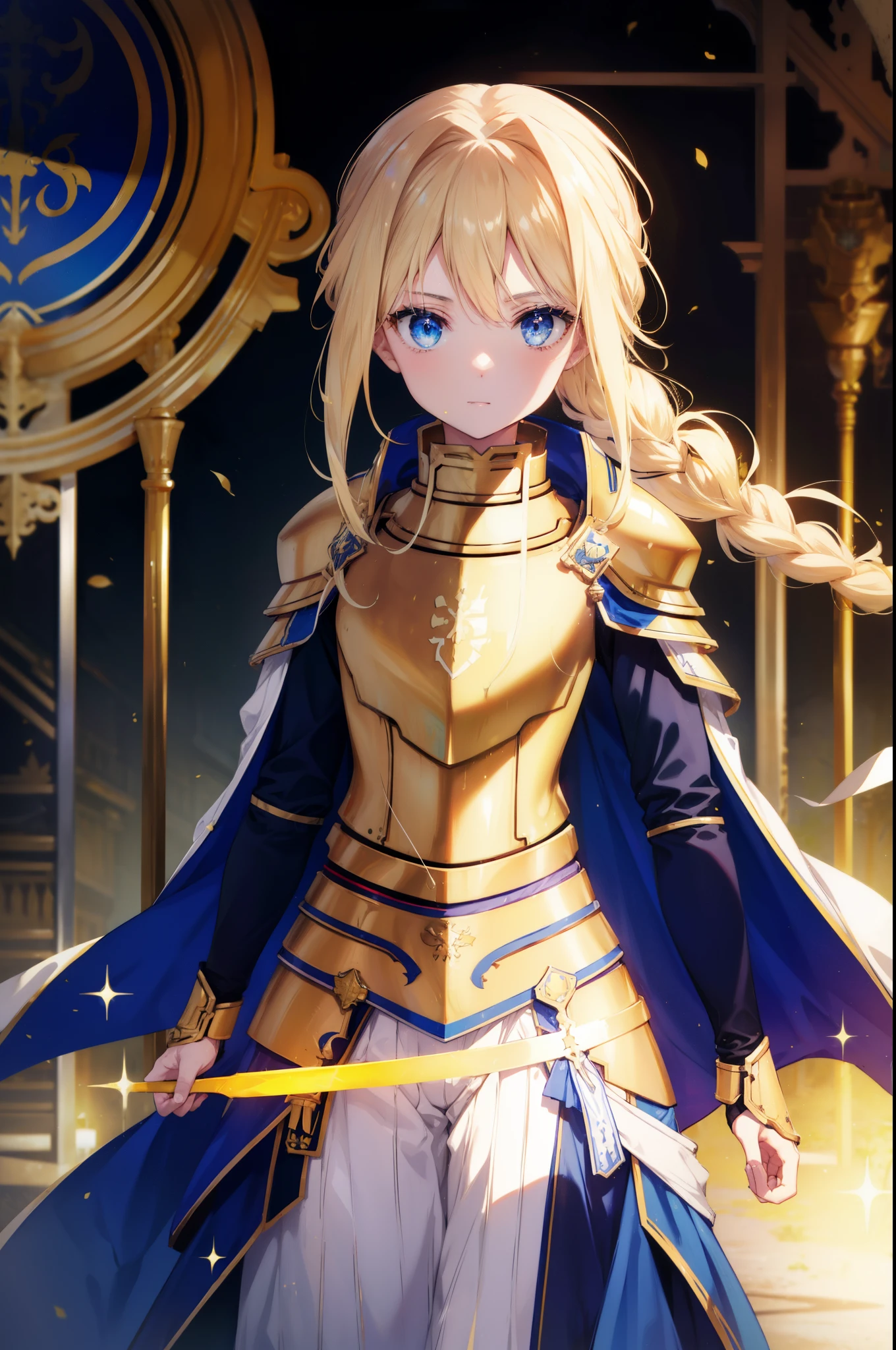 allisburg, Alice Zuberg, bangs, blue eyes, blonde hair, hair between eyes, very long hair, Braid, hair band, white hair band,
break dress, cape, armor, blue clothes, shoulder armor, gauntlet, pauldron, breastplate, armored dress, mistake, blue cape, knight, (gold armor:1.5), body armor,A golden sword is stuck in the ground,Right hand resting on hip,
break outside, forest, nature, sun, null,
break looking at viewer, (cowboy shot:1.5),
break (masterpiece:1.2), highest quality, High resolution, unity 8k wallpaper, (figure:0.8), (detailed and beautiful eyes:1.6), highly detailed face, perfect lighting, Very detailed CG, (perfect hands, perfect ???????),