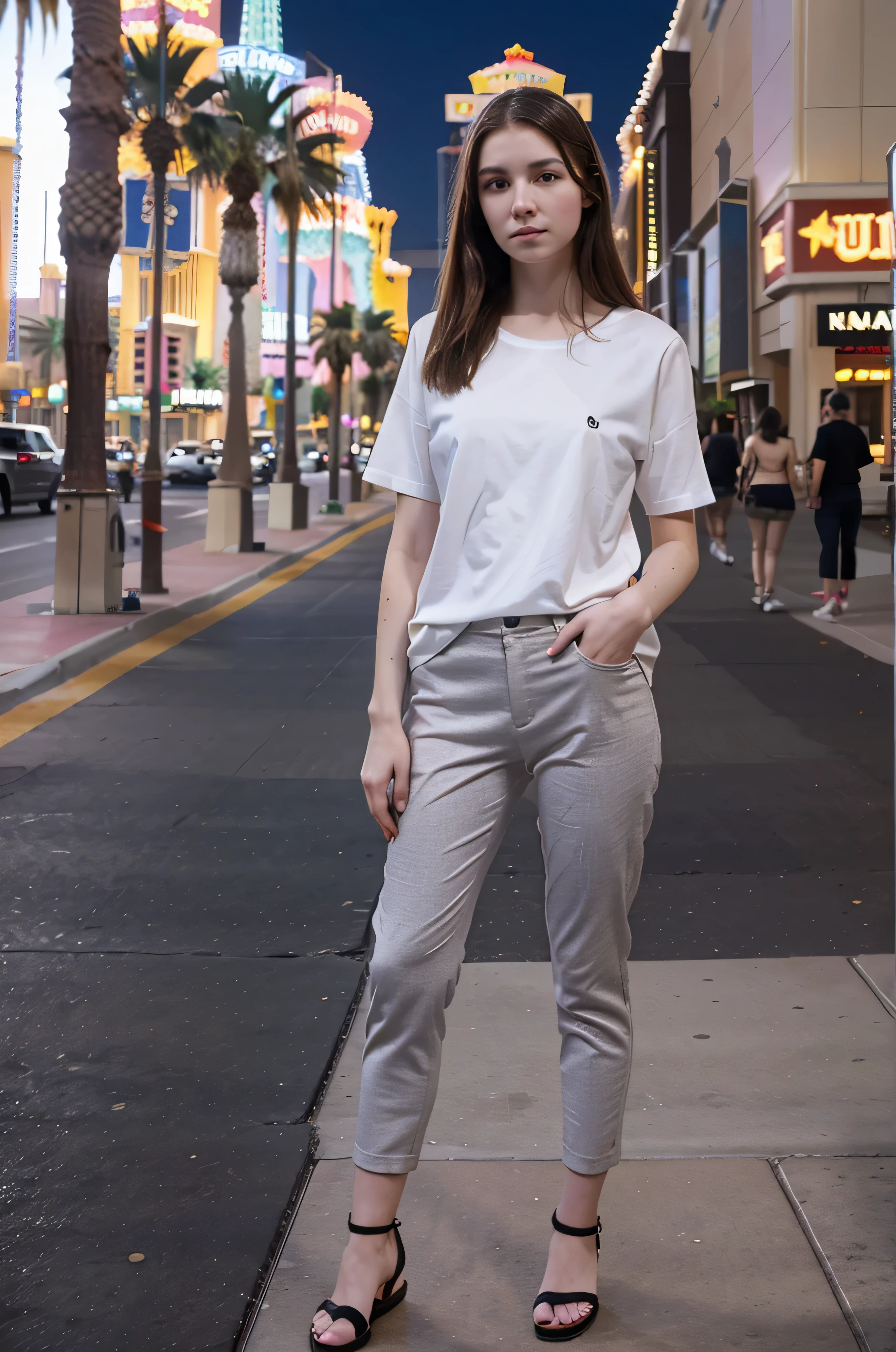 full_body, standing, sandals, (shirt), pants, (las vegas strip), (emily18: 1.2), perfect face, (contact iris: 1.1), pale skin, skin pores , depth of field
