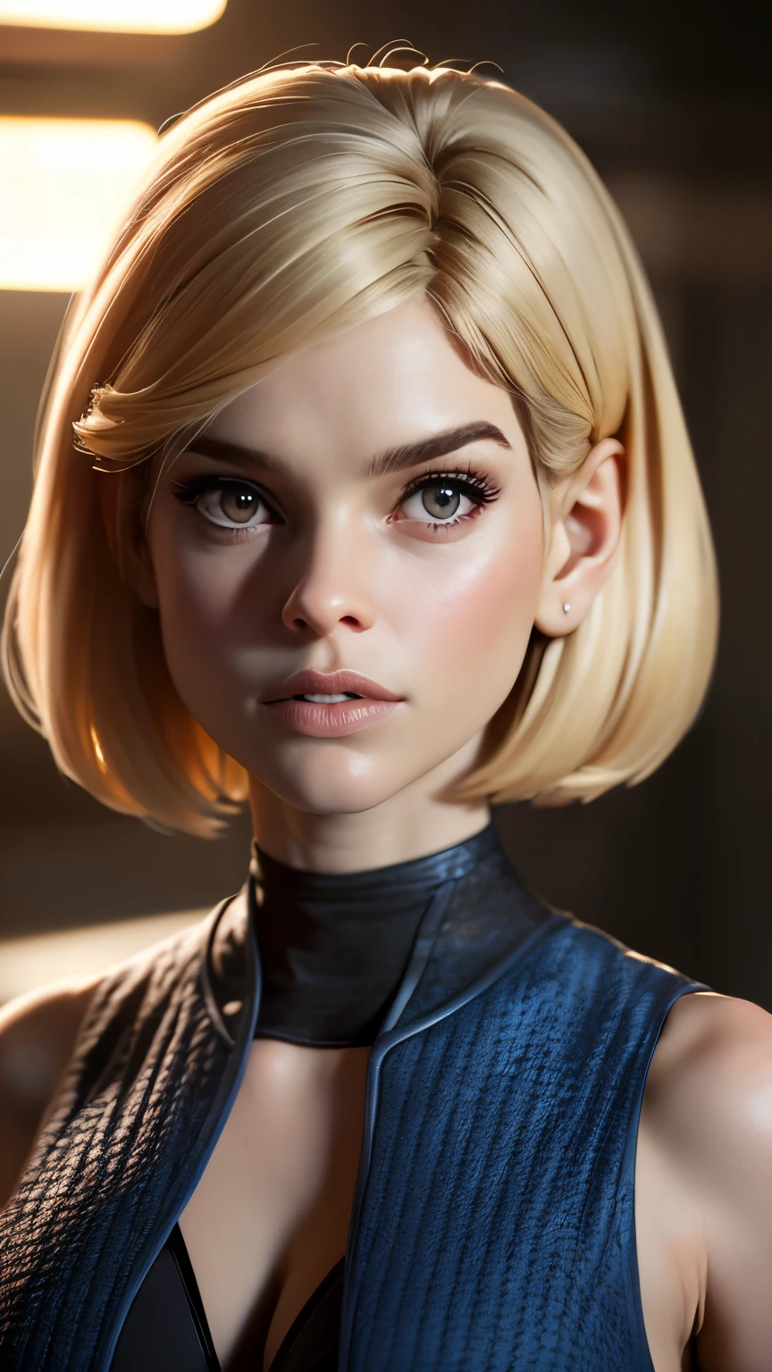 photo of Alice Eve (carol marcus from Star Trek into darkness), RAW, beautiful woman, ((portrait)), ((detailed face:1.2)), ((detailed facial feature, detailed skin, clear skin), (perfect proportioned body), (short bob cut hair), (wearing star trek bikini), (high detailed star trek environment), (realistic photo, best quality, detailed), (8k wallpaper), (cinematic lighting, dramatic lighting) (sharp focus, intricate)