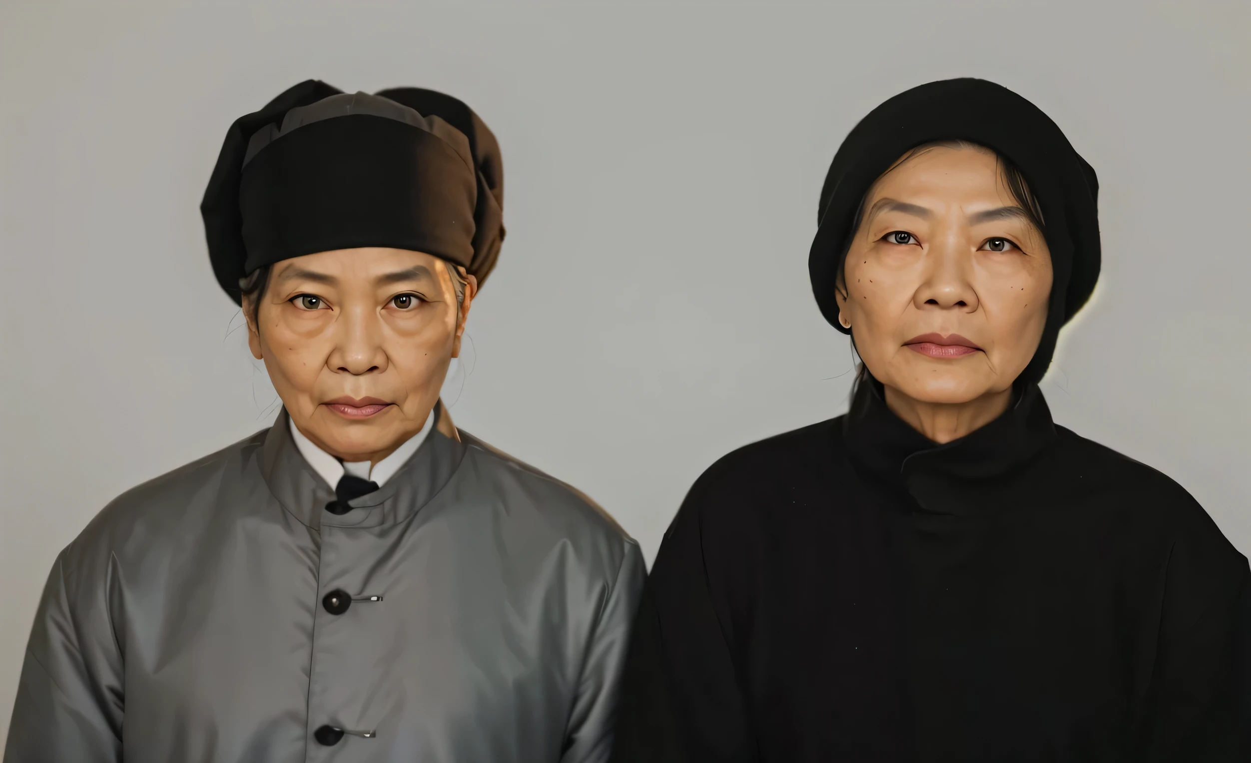 Portrait of a 70-year-old Chinese couple，The man on the left is wearing a plush warm hat，Facial emaciation，serious looking，good facial features，symmetrical facial features，Symmetrical ears、clear，五官超clear真实感，Wearing gray clothes，衣服的纹理clear，超clear紋理，右边女士Facial emaciation，serious looking，good facial features，symmetrical facial features，Symmetrical ears、clear，五官超clear真实感，Wearing a black headscarf，Wearing black cotton clothes，衣服的纹理clear，超clear紋理，Camera shooting effect，natural light and shadow，超clear真实感,The eyes and face are very detailed,Super detailed, HD, (photorealistic: 1.2) (Vague: 1.2) (Delicate skin: 1.3) (light: 1.3) (sharp focus), skin shiny, digital monocular, 柔和的light, high quality, Texture, film grain, close up, ultra high resolution