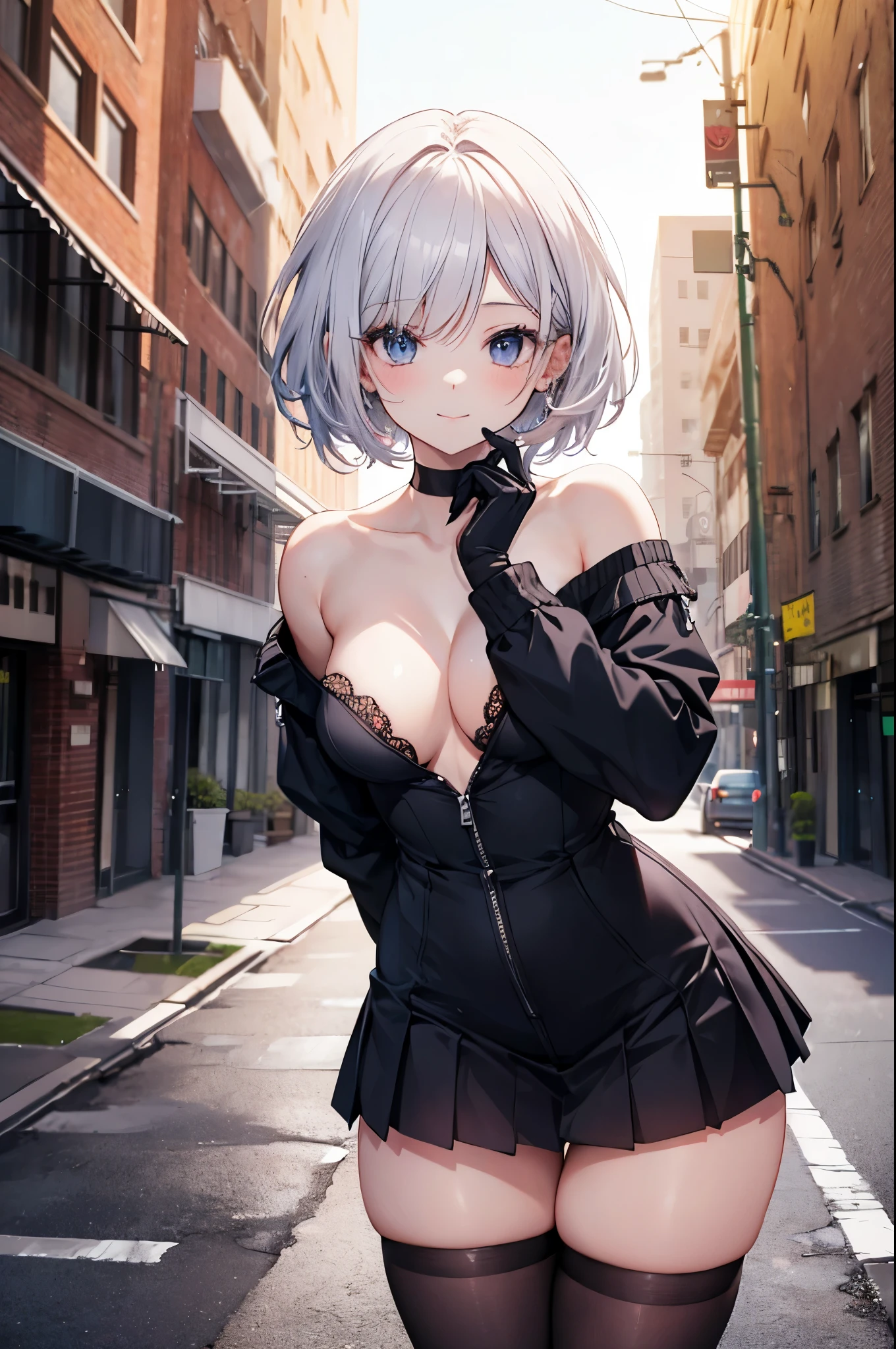 realistic image, coherent image, detailed image, 1 beautiful girl. She has short, white hair. Her eyes are blue, long eyelashes. Her face is oval and delicate, smiling. She is wearing a long-sleeved, shoulder-baring, off-shoulder top, pleated mini skirt, and mid-thigh stockings. She has a curvy body, medium breasts, thick thighs. sexy pose. Background of destroyed buildings, surrounded by nature, natural lighting, volumetric lighting,