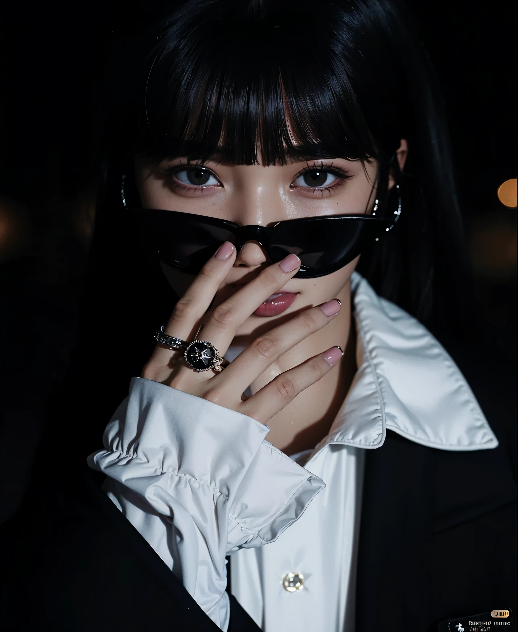hay una mujer con un anillo en el dedo y una chaqueta negra, ulzzang, con gafas de sol, ✨🕌🌙, jisoo de blackpink, ella tiene el pelo negro con flequillo, cruel korean gothic girl, Con ojos negros, iu lee ji-eun como supervillano, retrato de jossi de blackpink, capturado en canon eos r 6, Jisoo de Blackpink