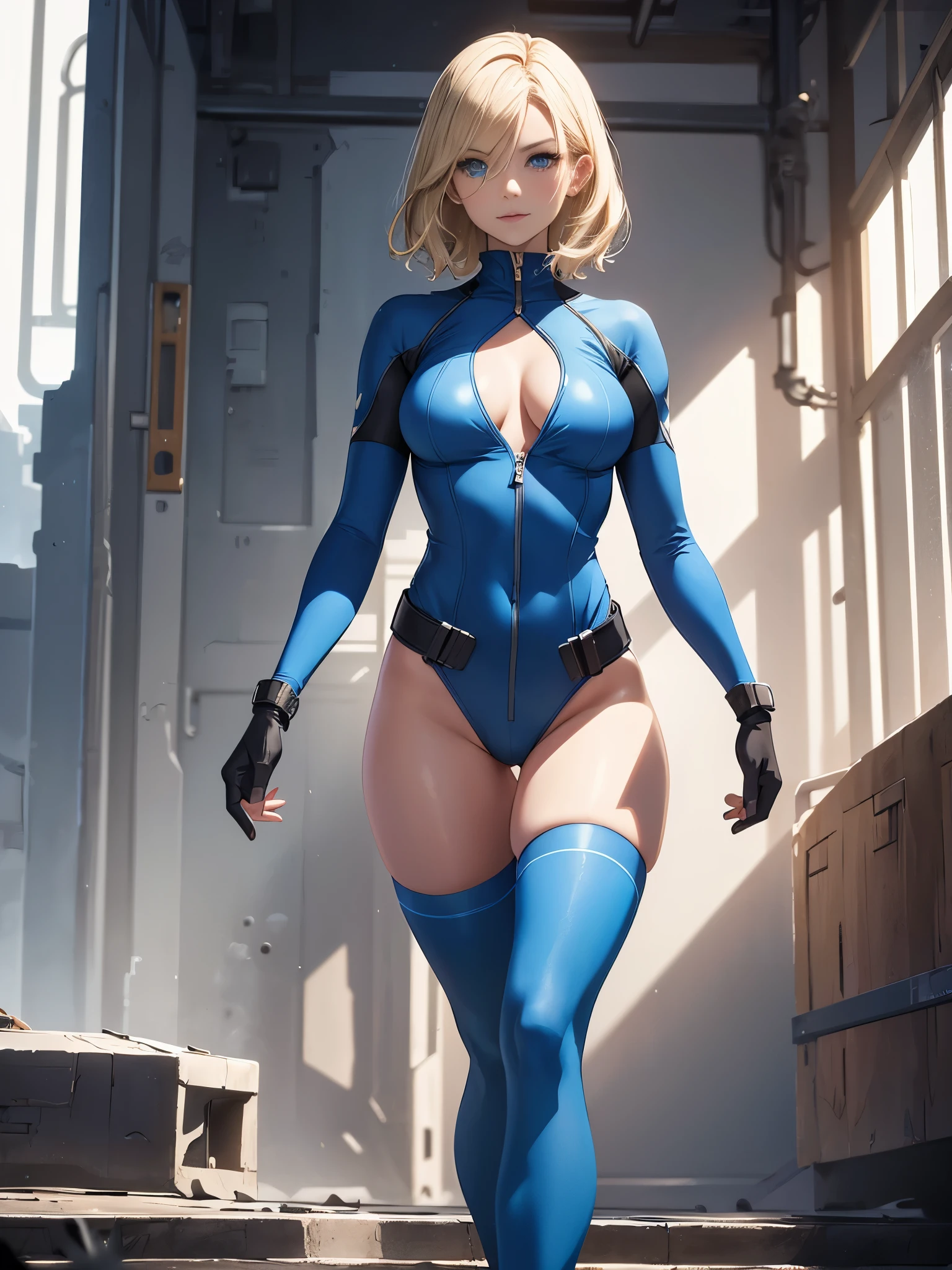 1girl, medium breasts, ((leotard, highleg leotard, light blue leotard)), (lighting bolt emblem on chest), bare legs, (tight belt), boots, matching boots, gloves, solo, single, standing, full body shot, cowboy shot, superhero, beautiful detailed eyes, power, ((blonde hair, short hair, wavy hair)), high school backdrop, outdoors, mature lady, teacher, perfect body, good proportions