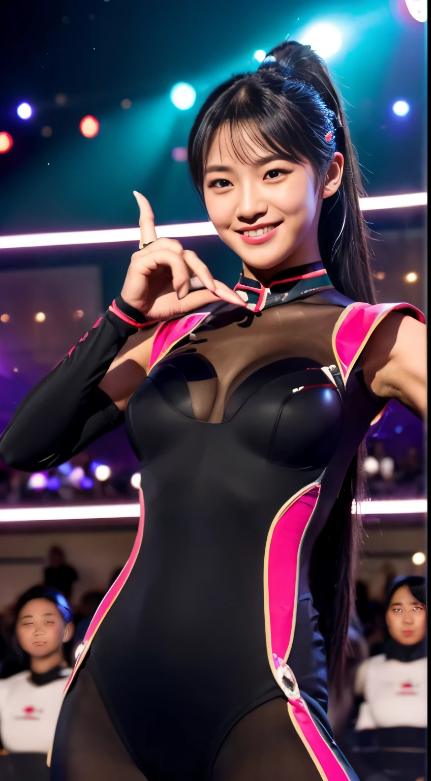 In a nasty pose、((masterpiece、highest quality))、shape、super detailed、8K、realistic、sharp focus、very detailed、professional lighting、colorful details、(((Top idol beauty)))、(((unparalleled beauty)))、(((historical beauty)))、detailed texture、skin moisture、shiny skin、perfect style、erotic body、Esbian、bow、((precise fingers:1.55))、(A highly revealing bodysuit costume that looks like an Ultra Guard uniform.:1.3)、(dance violently:1.4)、(On stage on a set of luxury Earth Defense Force spaceships)、in front of a packed audience、look at the audience、18-year-old、shine、intricate details、Shitsumeka、1 A woman stands in front of the camera、belly button、smile