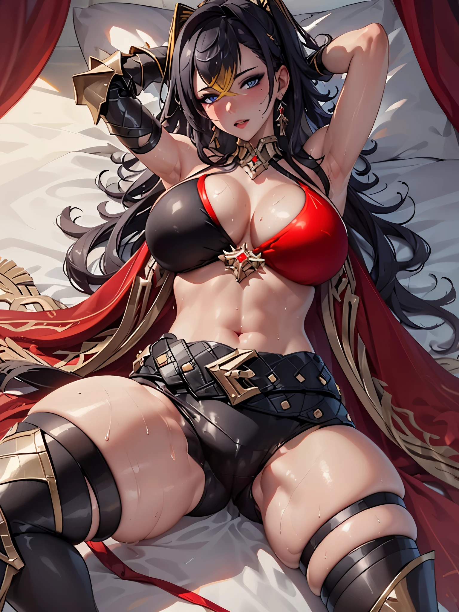 UHD,textured skin, high details, anatomically correct,SOLO,(1 Female,dark skin,Big oppai),(black long hair),(Wearing A loose bikini Armor:1.7),(Spreading legs:1.7),(Lying on the Lux bed:1.7)(hotel bedroom),(hands behind her head:1.7),(sweating skin:1.7),(full blush:1.4),(Genshin Impact/Dehya)