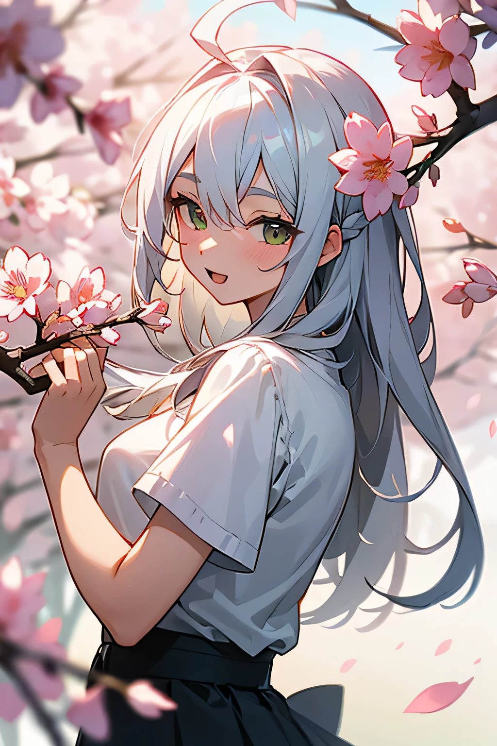 masterpiece, highest quality, super detailed, High resolution, (Ink painting style), excellent anatomy, 1 beautiful woman, blurry, blurry foreground, Depth of the bounds written, flower petals, butterfly, cherry flower, blurry background, green butterfly, motion blur, flower, open your mouth, hair length, pink flower, Braid, falling flower petals, white shirt, smile, skirt, shirt, white flower, wood, outdoors, Ahoge, looking at the viewer, hair between eyes, spring, (season), Day, holding branch, Front hair, Eyebrows appear through hair, silver hair, best light, best shadow, Mysterious, perfect face, very detailed,