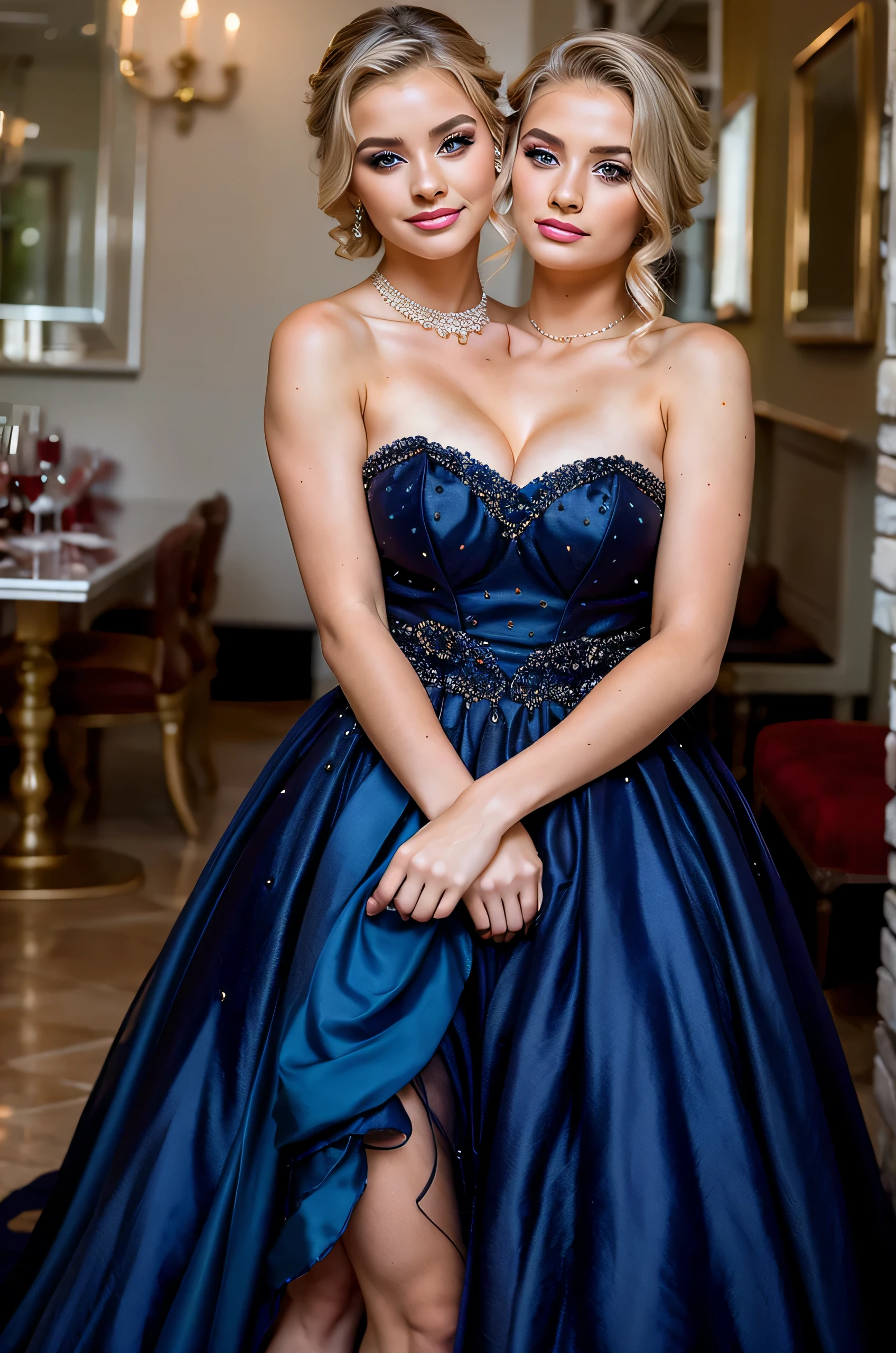 2heads, a beautiful two headed girl going to her senior prom, age 18, Irish, blonde, perfect hairstyle, elegant jewelry, fancy makeup, fancy dress,