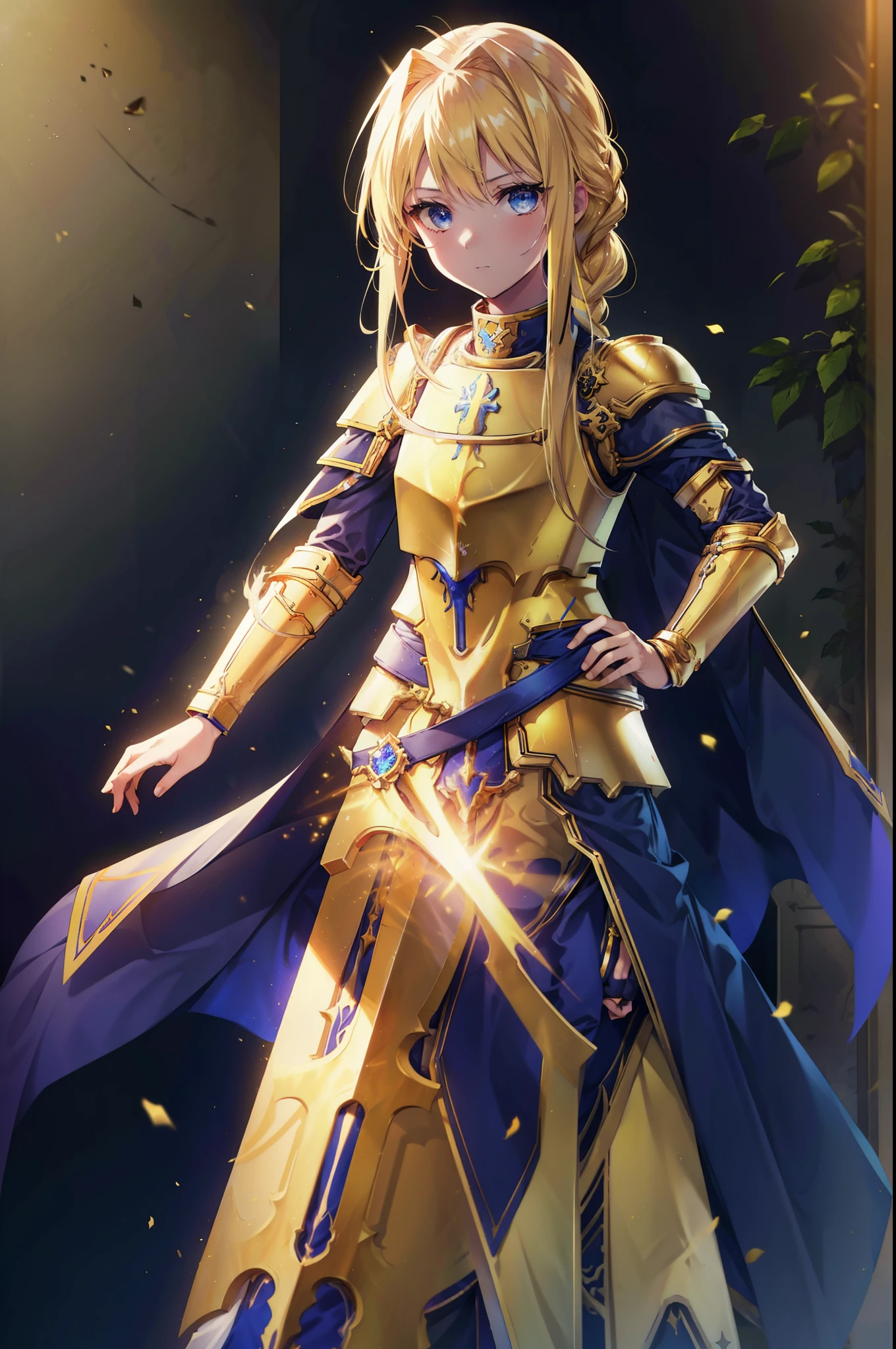 allisburg, Alice Zuberg, bangs, blue eyes, blonde hair, hair between eyes, very long hair, Braid, hair band, white hair band,
break dress, cape, armor, blue clothes, shoulder armor, gauntlet, pauldron, breastplate, armored dress, mistake, blue cape, knight, (gold armor:1.5), body armor,A golden sword is stuck in the ground,Right hand resting on hip,
break outside, forest, nature, sun, null,
break looking at viewer, (cowboy shot:1.5),
break (masterpiece:1.2), highest quality, High resolution, unity 8k wallpaper, (figure:0.8), (detailed and beautiful eyes:1.6), highly detailed face, perfect lighting, Very detailed CG, (perfect hands, perfect anatomy),
