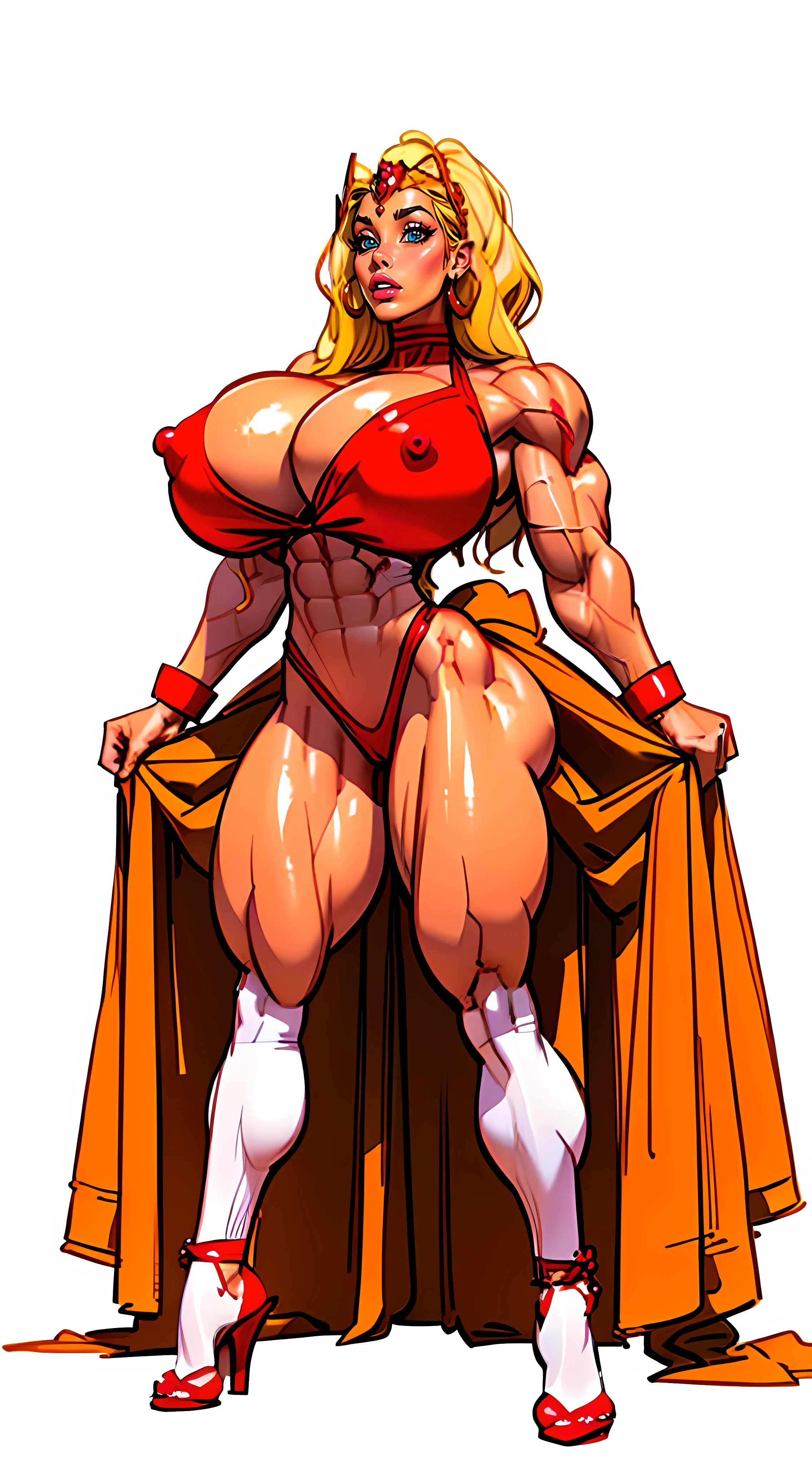 ((NSFW)), ((she-ra costume)), ((full body view:1.4)), ((masterpiece)),(((best quality))), ((mature face)), defined cheekbones, high cheekbones, illustration, ((muscular:1.3)), ((gold:1.4)), sexy bimbo, (gigantic breasts:1.85) , blonde hair, ((detailed face:1.4)) beautiful woman, (Egyptian:1.4), colored skin, (white skin:1.4) , (red lipstick:1.4), shiny skin, ((skindentation)), scribbles and marks,(puffy lips:1.4) , (temple: 1.5), ( at night: 1.5), rough sketches, pose, 8k,16k, ( background, white background: 1.3) ((warm color palette)), ((ancient aesthetic)), ((long legs)), ((wide hipuscular Quadricepassive Female Bodybuilder))))), (((((Huge Muscles)))))