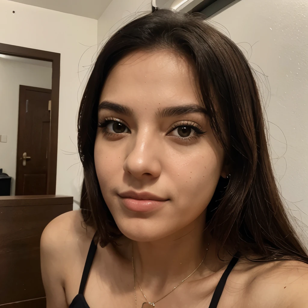 Mulher brasileira de 26 anos branca com o rosto perto fazendo self, muito realista