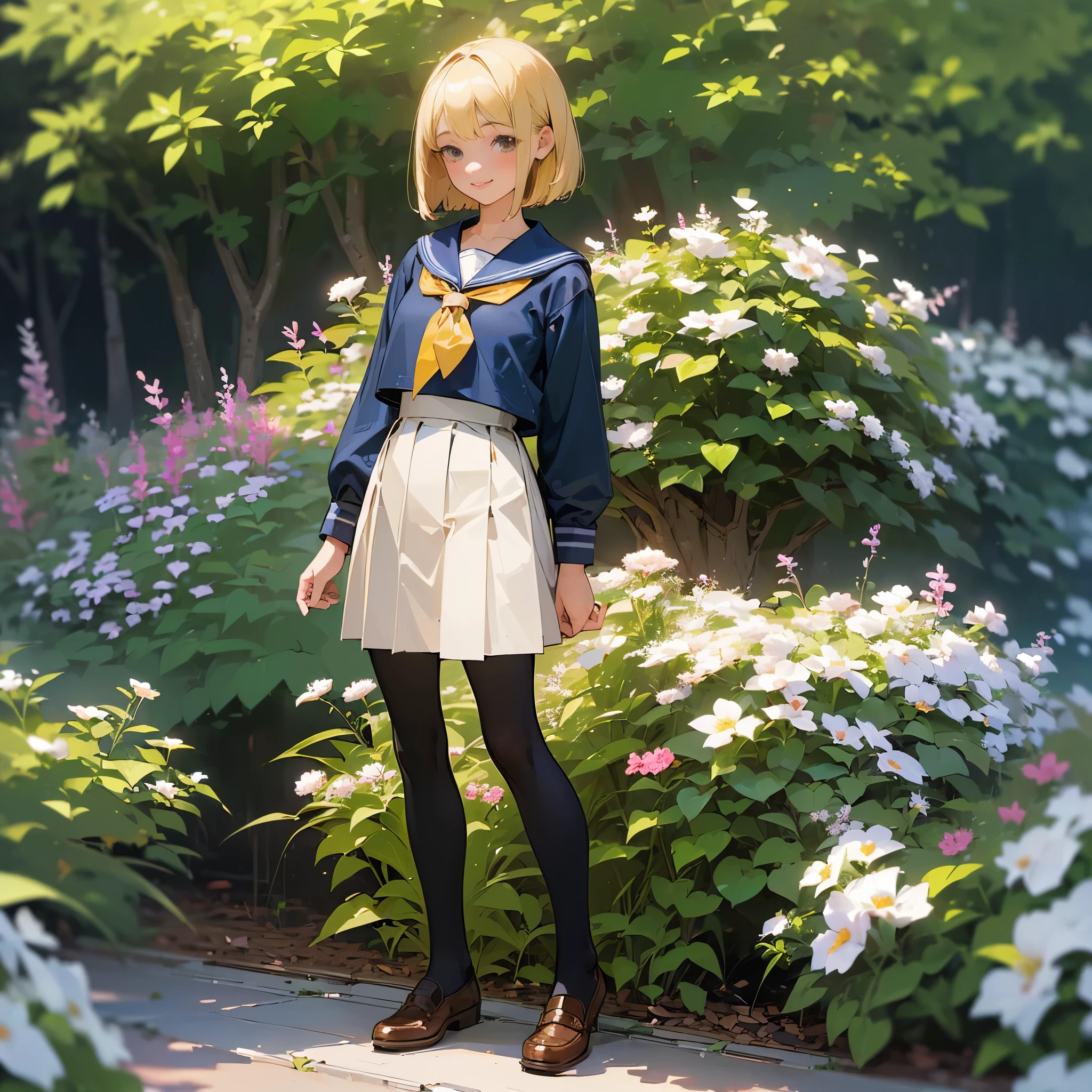 (highest quality,High resolution,super detailed,realistic:1.37),peaceful atmosphere,(outdoors,garden),teenage girl standing alone,beautiful detailed features,cute smile,(blonde bob hair),navy sailor suit,pleated skirt,black tights,brown leather shoes.