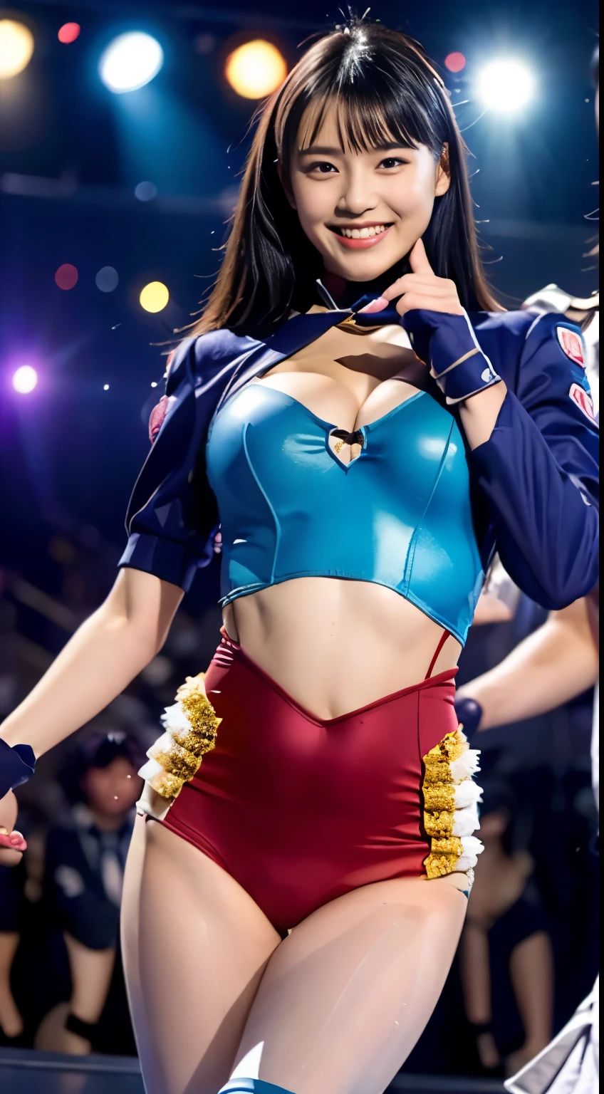 In a nasty pose、((masterpiece、highest quality))、shape、super detailed、8K、realistic、sharp focus、very detailed、professional lighting、colorful details、(((Top idol beauty)))、(((unparalleled beauty)))、(((historical beauty)))、detailed texture、skin moisture、shiny skin、perfect style、erotic body、Esbian、bow、((precise fingers:1.55))、(A highly revealing bodysuit costume that looks like an Ultra Guard uniform.:1.3)、(dance violently:1.4)、(On stage on a set of luxury Earth Defense Force spaceships)、in front of a packed audience、look at the audience、18-year-old、shine、intricate details、Shitsumeka、1 A woman stands in front of the camera、belly button、smile