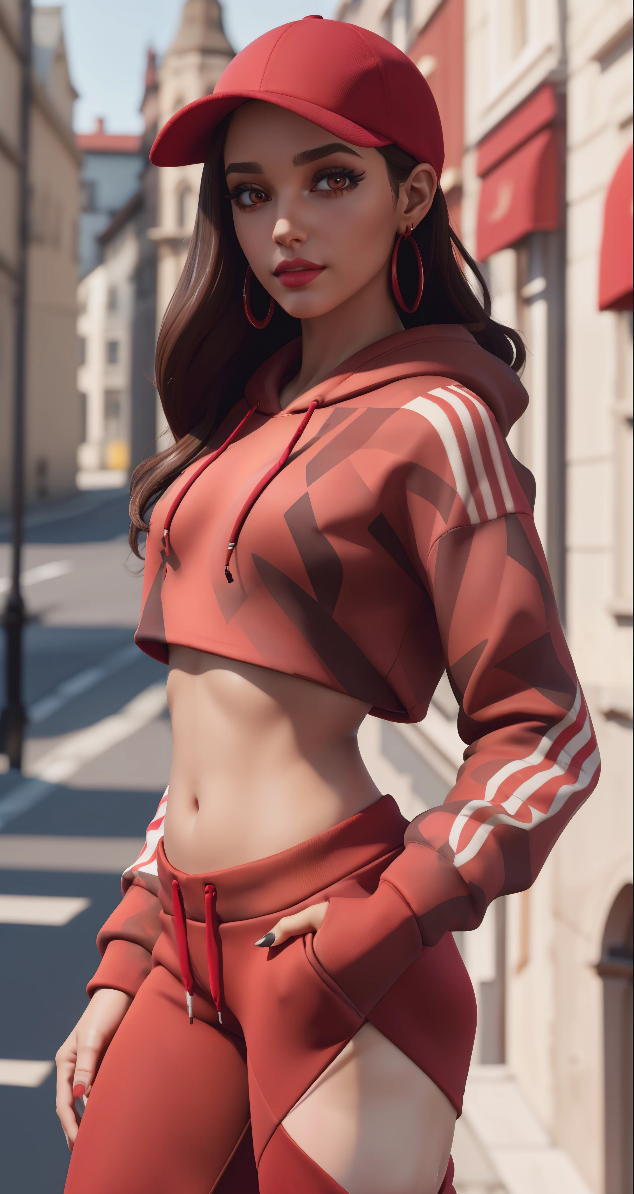 xyzruby, 1girl, brown hair, beautiful, earrings, makeup, vibrant, eyeliner, mascara, 3d render style, looking at viewer, midriff, cropped hoodie, red headwear, red hoodie, leggings, cap, stripe pattern