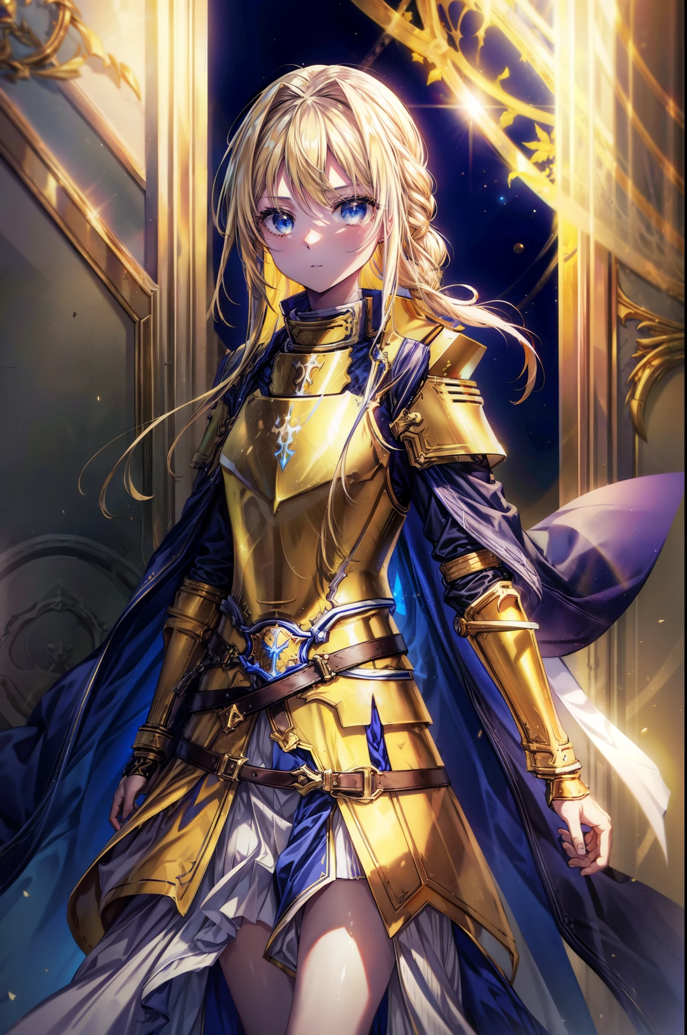 allisburg, Alice Zuberg, bangs, blue eyes, blonde hair, hair between eyes, very long hair, Braid, hair band, white hair band,
break dress, cape, armor, blue clothes, shoulder armor, gauntlet, pauldron, breastplate, armored dress, mistake, blue cape, knight, (gold armor:1.5), body armor,A golden sword is stuck in the ground,Right hand resting on hip,
break outside, forest, nature, sun, null,
break looking at viewer, (cowboy shot:1.5),
break (masterpiece:1.2), highest quality, High resolution, unity 8k wallpaper, (figure:0.8), (detailed and beautiful eyes:1.6), highly detailed face, perfect lighting, Very detailed CG, (perfect hands, perfect anatomy),