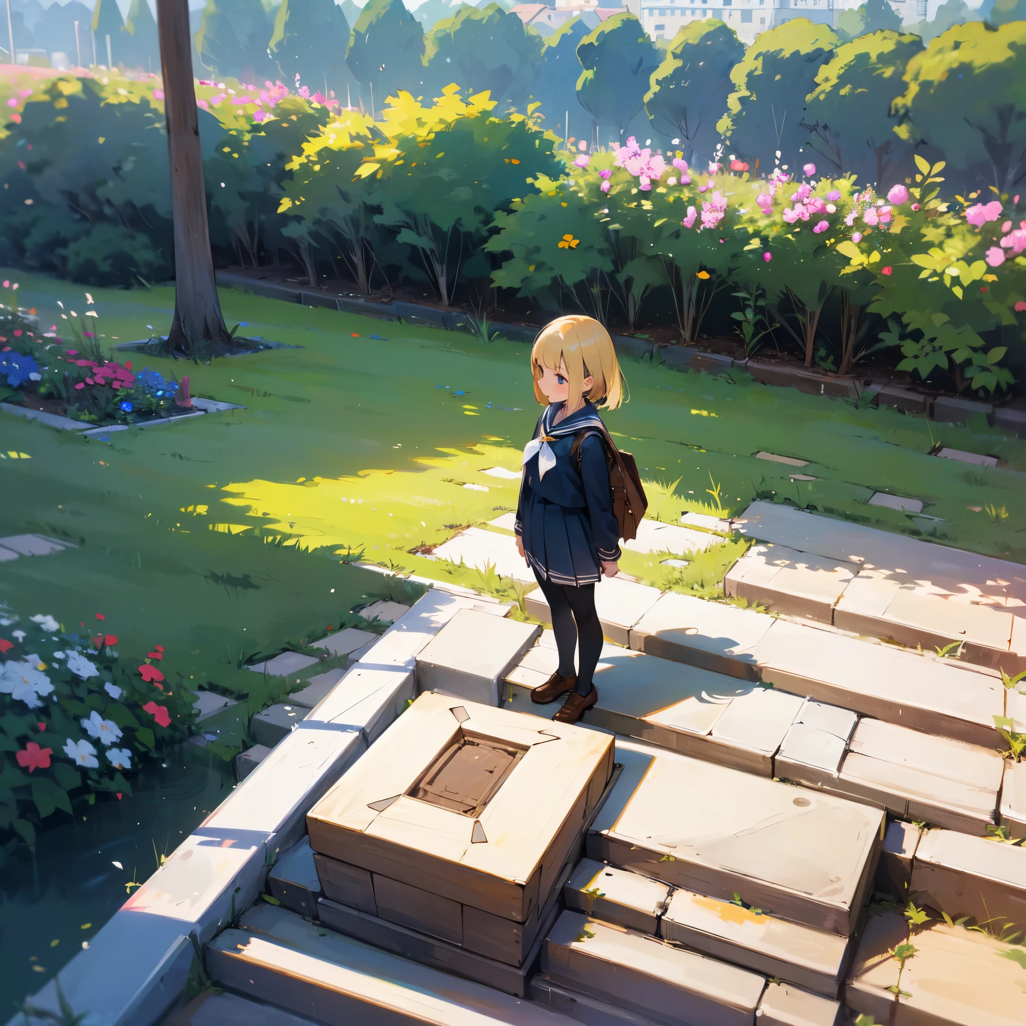 (highest quality,High resolution,super detailed,realistic:1.37),peaceful atmosphere,(outdoors,garden), girl standing alone,beautiful detailed features,cute smile,(blonde bob hair),navy sailor suit,pleated skirt,black tights,brown leather shoes.