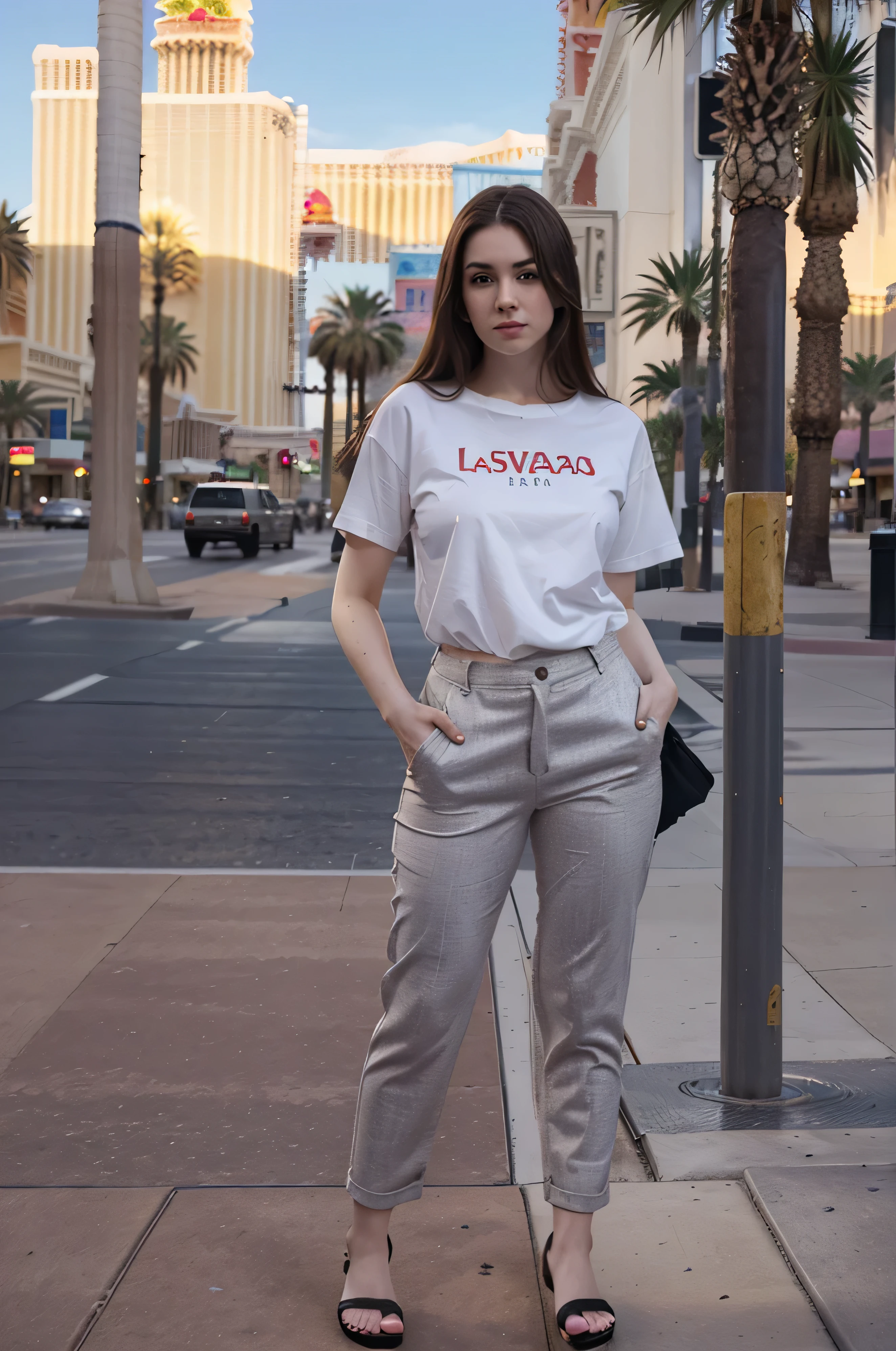 full_body, standing, sandals, (shirt), pants, (las vegas strip), (big ),hot body, perfect face, (contact iris: 1.1), pale skin, skin pores , depth of field