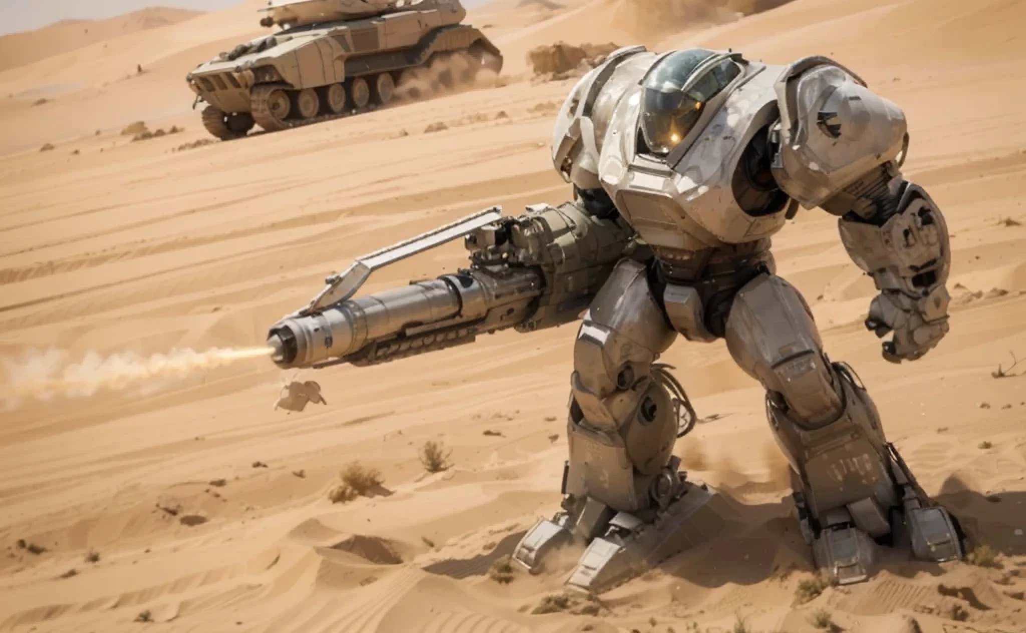 soldier with heavy cyborg robotic suit, color beige con detalles en blanco, casco moderno con visera, holds a heavy laser cannon, is on a battlefield in the desert, gafas verdes, greenish atmosphere, modern tanks and vehicles, aviones de guerra modernos, 4k, ultra detallado image, Realista, muy detallado, perfect composition, splendid, intrincadamente detallado, incredibly detailed, 8k art photography, hiper detallado, Obra maestra, ultra detallado, hyper Realista, 4k, ultra detallado image, Realista, muy detallado, perfect composition, splendid, intrincadamente detallado, incredibly detailed, Artistic photography in 8K, hiper detallado, Obra maestra