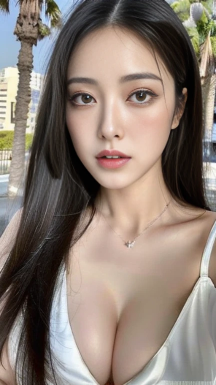 (highest quality, High resolution, masterpiece :1.3), tall and beautiful woman, thin abs, long straight black hair,22 years old Japanese,big breasts, wearing a pendant, white satin dresodern architecture in the background), Precisely expresses details such as face and skin texture, big eyes, double eyelid,I can see the whole body,embarrassed face