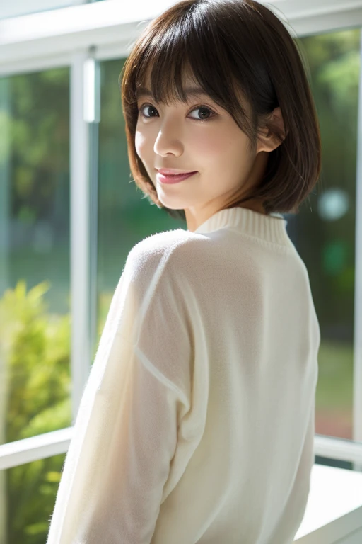 8k、highest quality、masterpiece、超A high resolution、picture、The elegance of beautiful Japanese women、Single-lens reflex camera、There are good ones、A transparent atmosphere、sexy lip、slanted bangs、beautiful face、very short、shortcut、short hair、make bangs、smile、natural soft light、1 girl、white skin、look far away、duck mouth、droopy eyes、thin and thin eyebrows、brown eyes、expensive、Good size and well-shaped bust,,、You can see the shape of your chest、Pueros face、cowboy shot、chalk、smart watch、41 years old、White neck knit T-shirt、silk、cashmere、turtleneck、Smooth fabric、No sleeve、calm fashion、tight、Futomo、Clean office、large blinds、white wall、There is a large window on the wall.、huge office、expensive天井、Passages with depth、up to the chest、Landscape、stick out your butt、