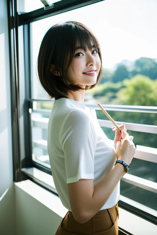 8k、highest quality、masterpiece、超A high resolution、picture、The elegance of beautiful Japanese women、Single-lens reflex camera、There are good ones、A transparent atmosphere、sexy lip、slanted bangs、beautiful face、very short、shortcut、short hair、make bangs、smile、natural soft light、1 girl、white skin、look far away、duck mouth、droopy eyes、thin and thin eyebrows、brown eyes、expensive、Good size and well-shaped bust,,、You can see the shape of your chest、Pueros face、cowboy shot、chalk、smart watch、41 years old、White neck knit T-shirt、silk、cashmere、turtleneck、Smooth fabric、No sleeve、calm fashion、tight、Futomo、Clean office、large blinds、white wall、There is a large window on the wall.、huge office、expensive天井、Passages with depth、up to the chest、Landscape、stick out your butt、