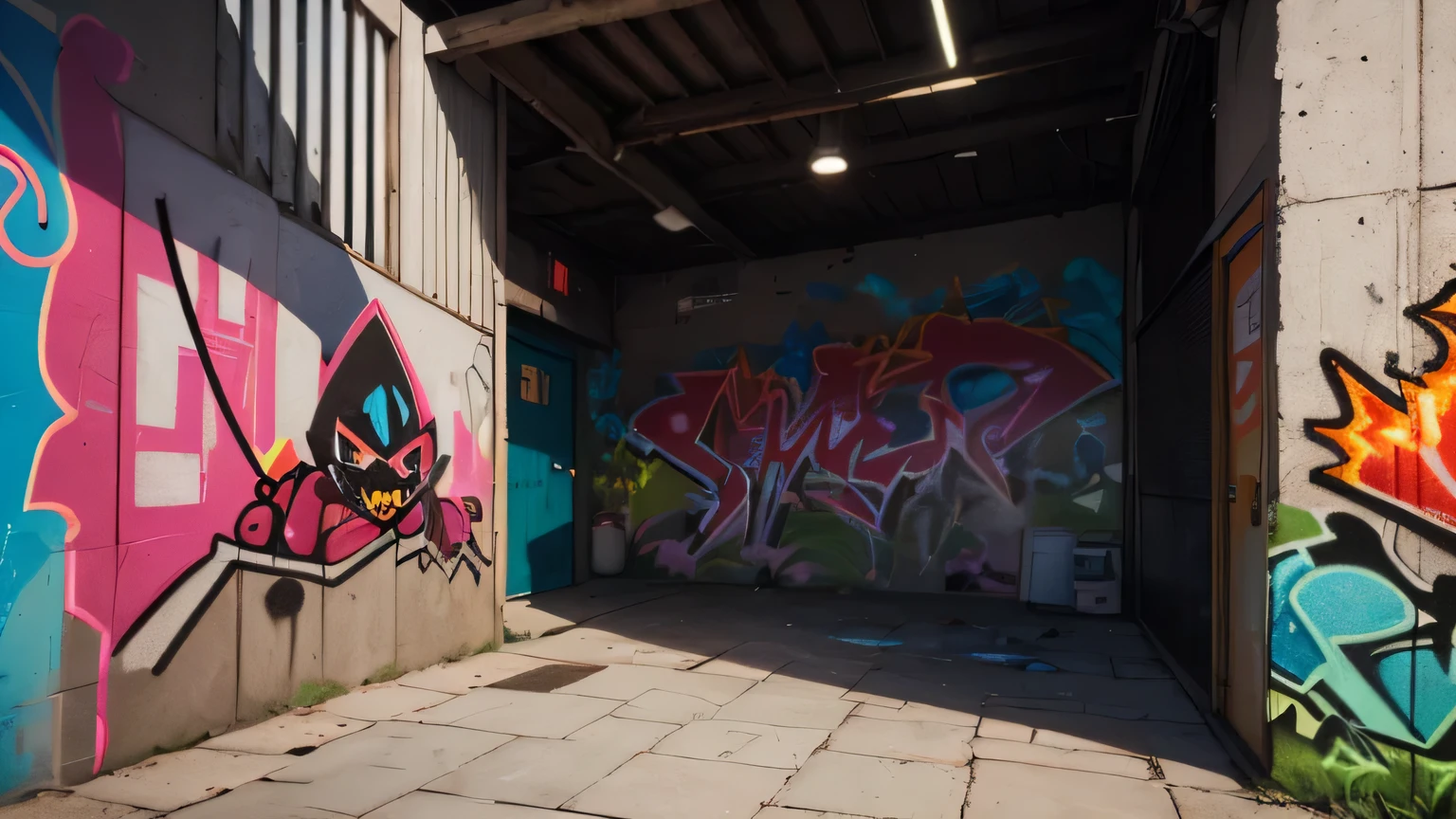 In the middle of the urban jungle, The brick wall comes alive with various graffiti cartoons. each piece is unique, Vibrant colors and bold graffiti style blend seamlessly into the textured concrete background. Smoke and fire graffiti create an edgy atmosphere, Dynamic atmosphere, 3D graffiti texture adds depth and dimension. Hand-drawn cartoon art style is playful, Suggestive, and in detail. As the walls pulsate with the rhythm of the city、Hard edges and sharp lines create a sense of energy。. The air is filled with the hissing of spray paint、 (cartoon character doodle),
