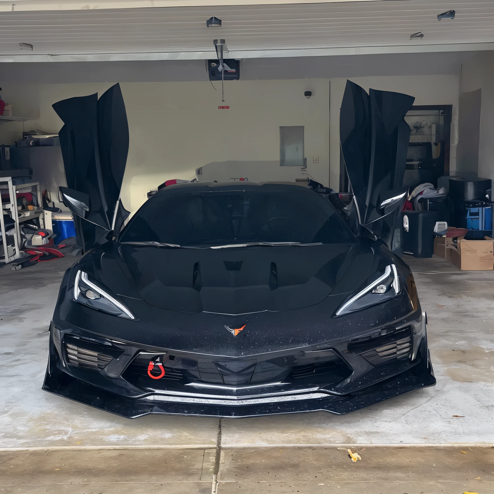 a close up of a black sports car parked in a garage, front view dramatic, front on, front profile shot, extremely detailed frontal angle, front side views full, cinematic front shot, stealthy, extreme detailing, sharp and detailed, front profile, vantablack gi, wrapped in black, octa 8k, front shot, front profile!!!!