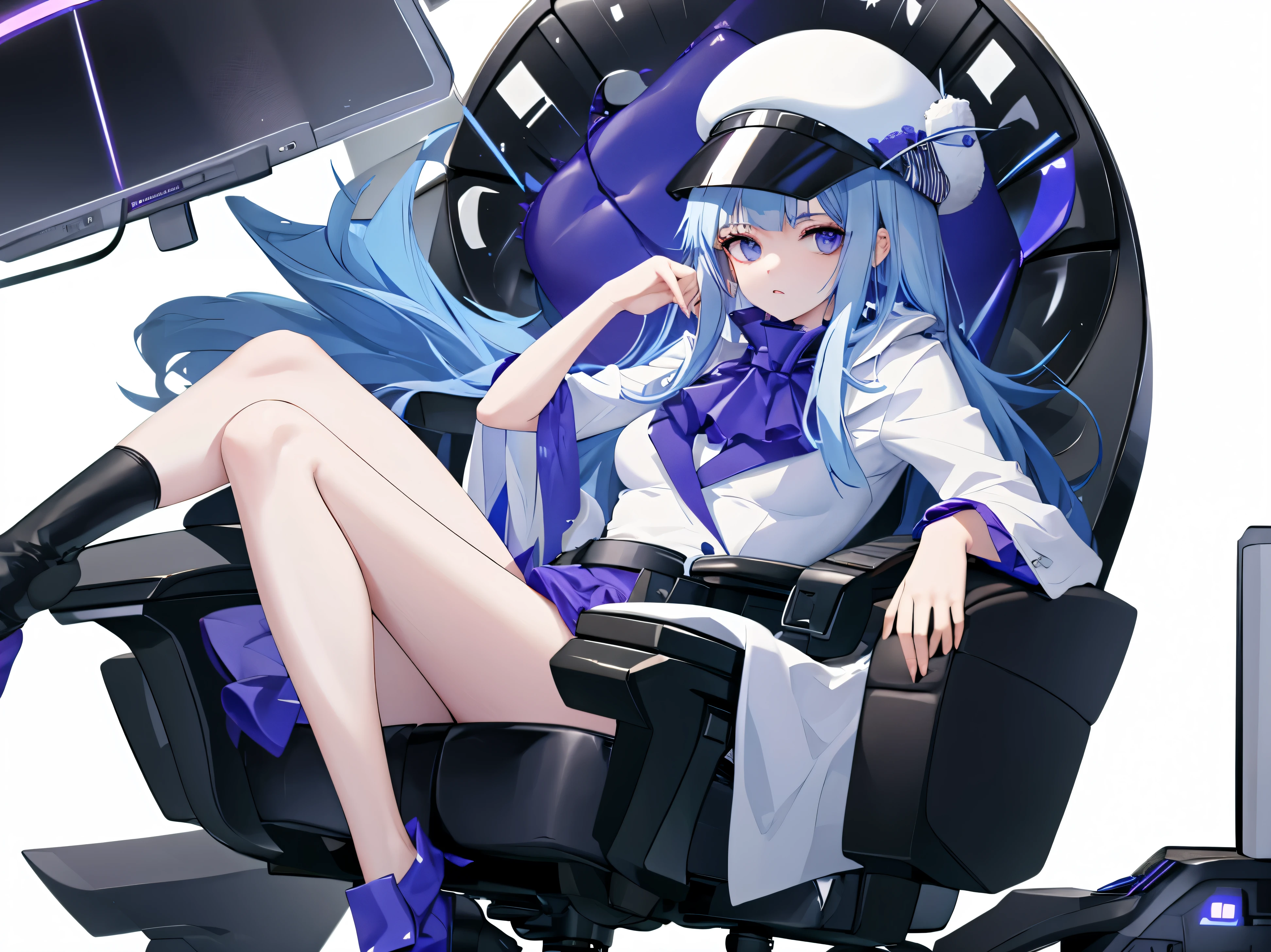 Her white hat, Sit on black gaming chair, look at viewer
