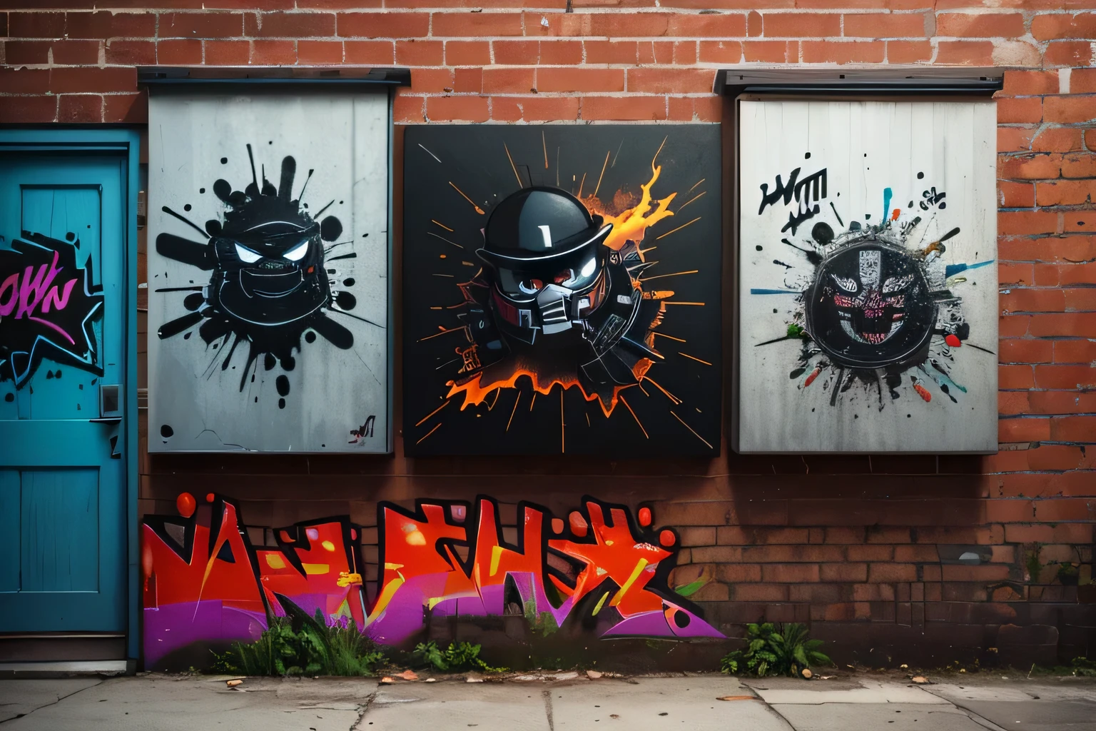 In the middle of the urban jungle, The brick wall comes alive with various graffiti cartoons. each piece is unique, Vibrant colors and bold graffiti style blend seamlessly into the textured concrete background. Smoke and fire graffiti create an edgy atmosphere, Dynamic atmosphere, 3D graffiti texture adds depth and dimension. Hand-drawn cartoon art style is playful, Suggestive, and in detail. As the walls pulsate with the rhythm of the city、Hard edges and sharp lines create a sense of energy。. The atmosphere is filled with the whoosh of spray paint and graffiti of cartoon characters。,