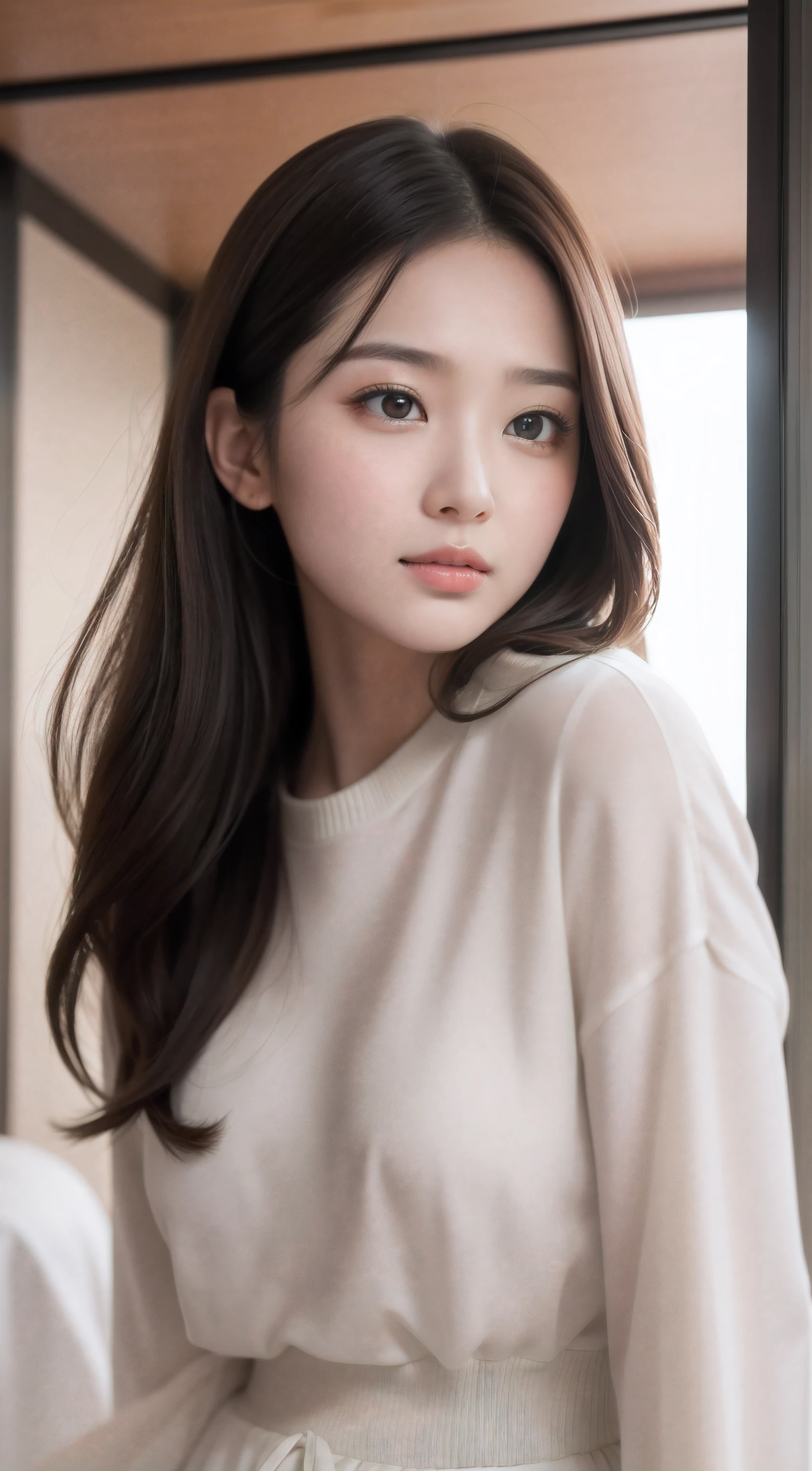 masterpiece、8k、original photo、（realistic:1.4）、high resolution mouth、eyeの透明感がとても高いです、Glossy and glossy skin、White-eye、With a round face,eye、腫れぼったいeye、medium  women、half open mouth、provocative look、one woman、25 years old, 、bold and bold gesture、put your hands behind your head、Upper body、woman and glass particles、cinematic lighting lamp light、lack of expressiveness: calm expression,smile gently, gentle eyes,plum,Okakame's hairstyle: Natural long hair stands out: posing in soft brown clothes: A broken girl standing quietly,alone、university interior