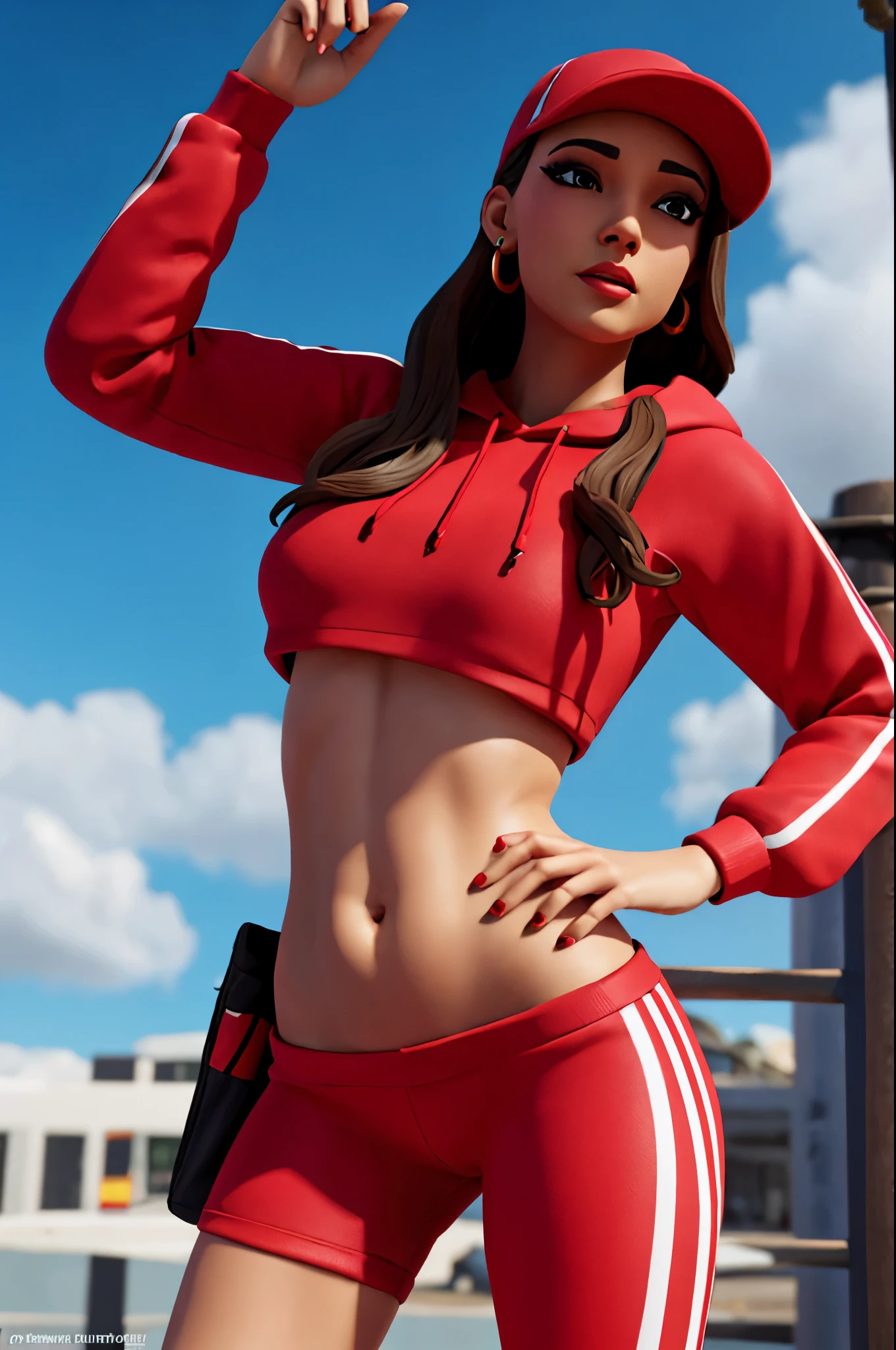 xyzruby, 1girl, brown hair, beautiful, earrings, makeup, vibrant, eyeliner, mascara, 3d render style, looking at viewer, midriff, cropped hoodie, red headwear, red hoodie, leggings, cap, stripe pattern