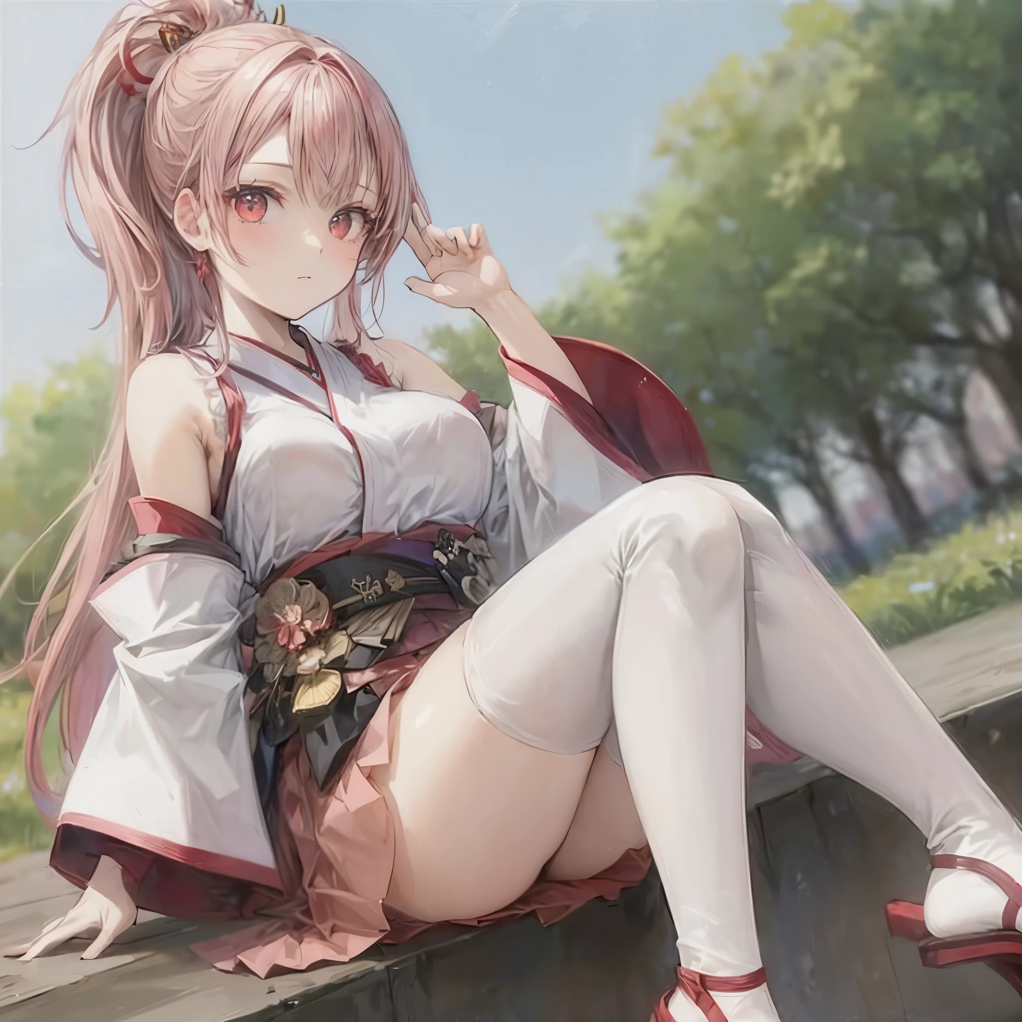 1girl, short pink hair with red ribbon, detailed red eyes, white and red kimono, white thigh highs, red sandals, sakura girl, cute girl, sitting, looking at viewer, forest in background, digital art, masterpiece, highres