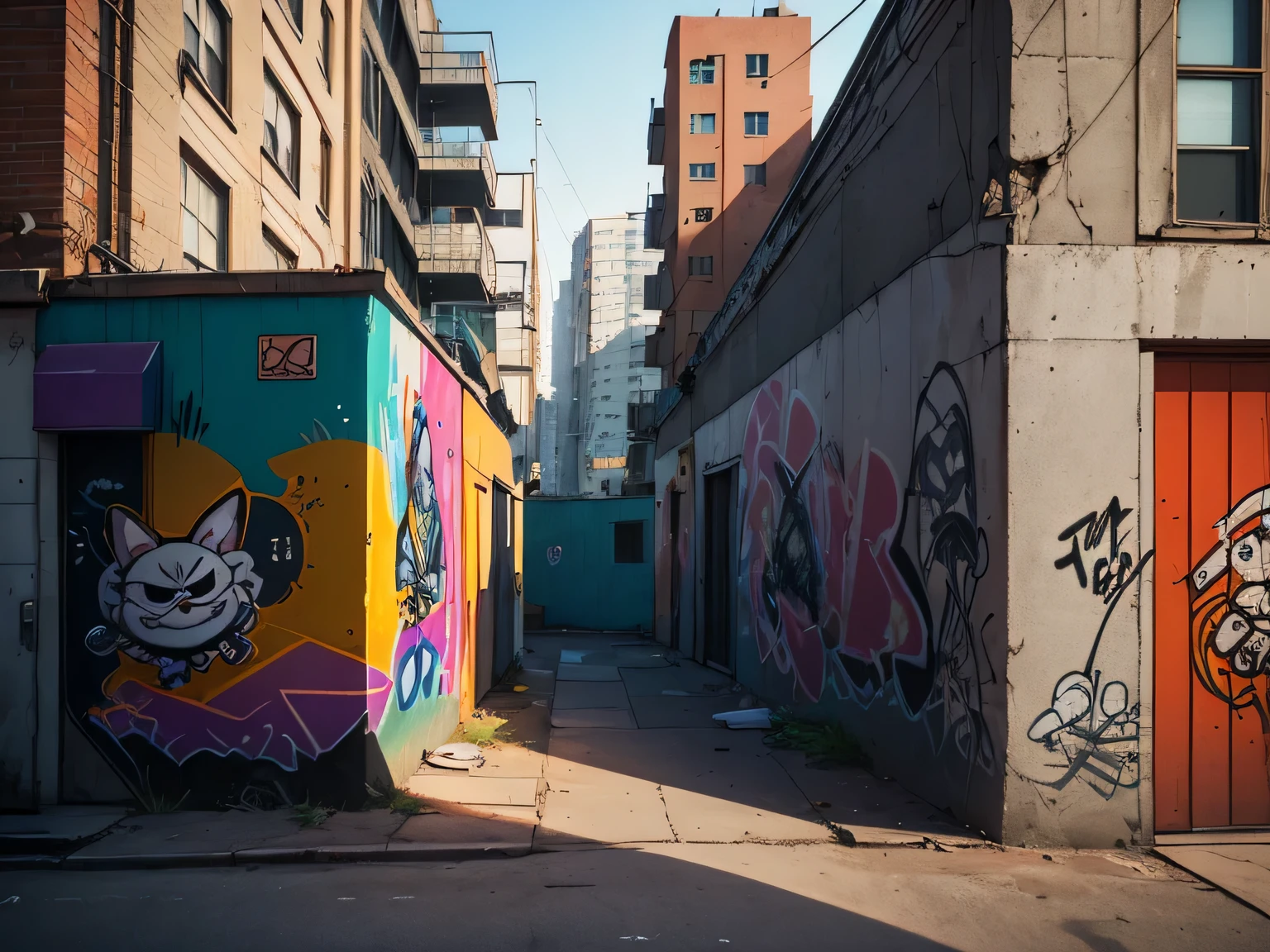 In the middle of the urban jungle, The brick wall comes alive with various graffiti cartoons. each piece is unique, Vibrant colors and bold graffiti style blend seamlessly into the textured concrete background. Smoke and fire graffiti create an edgy atmosphere, Dynamic atmosphere, 3D graffiti texture adds depth and dimension. Hand-drawn cartoon art style is playful, Suggestive, and in detail. As the walls pulsate with the rhythm of the city、Hard edges and sharp lines create a sense of energy。. The air is filled with the hissing of spray paint、 (cartoon character doodle),