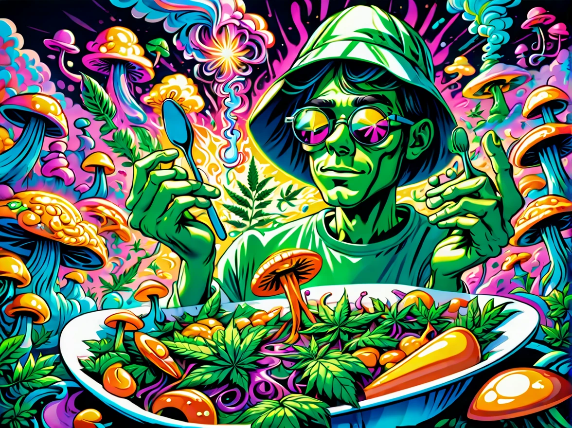 Close up of a green cartoon man using marijuana leaves on chemical use utensils, just take a pinch of Psychedelic, psychedelic art, Psychedelic hip-hop, of personification, stoner, Highlight moments, Psychedelic trip, official artwork, Psychedelic acid trip, Psychedelic色彩, Psychedelic hip hop, Psychedelic style, Psychedelic, psychedelic mushrooms, 快乐Psychedelic心情, Psychedelic illustration, 