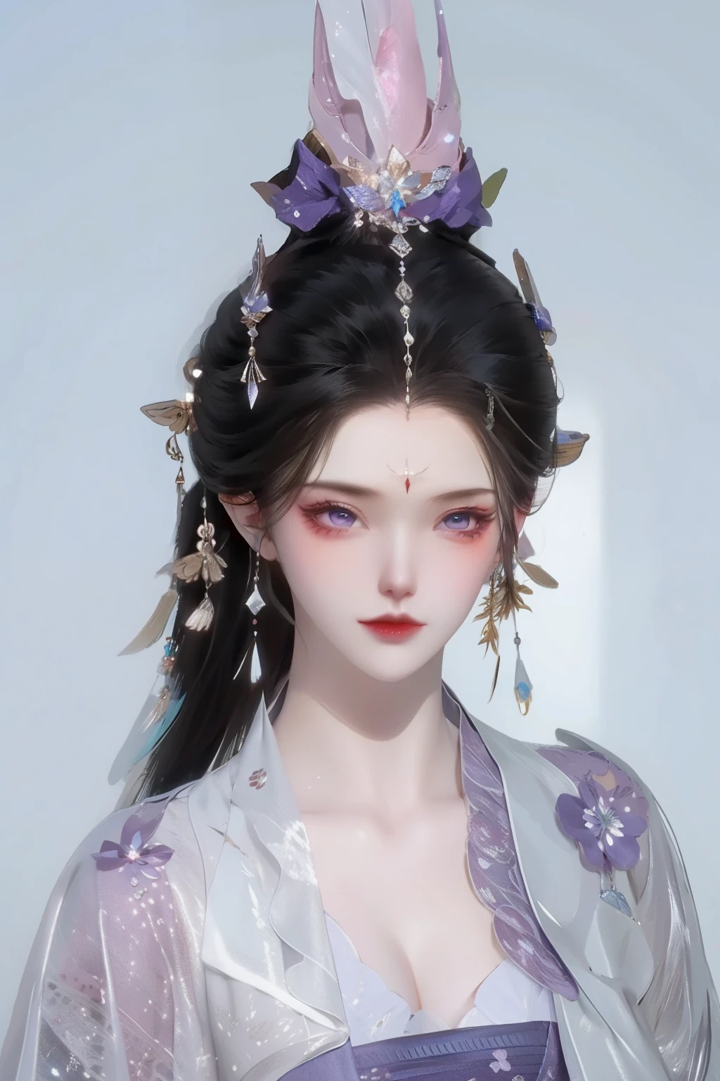 （best quality，masterpiece：1.2），ultra high resolution，realistically，front lighting，intricate details，Exquisite details and textures，（1 girl），solo，upper part of body，Purple Hanfu，好漂亮的big eyes，purple dress，Petal decoration，beautiful face，facing the audience，ribbon，gossamer，（young），facial highlights，Detailed production，tear nevus，White skin，silver hair，high ponytail，looking at the audience，big eyes，（hollow pattern），ear nipple ring，fit，White background，right hand，professional lighting，photon mapping，radio city，Physically based rendering
