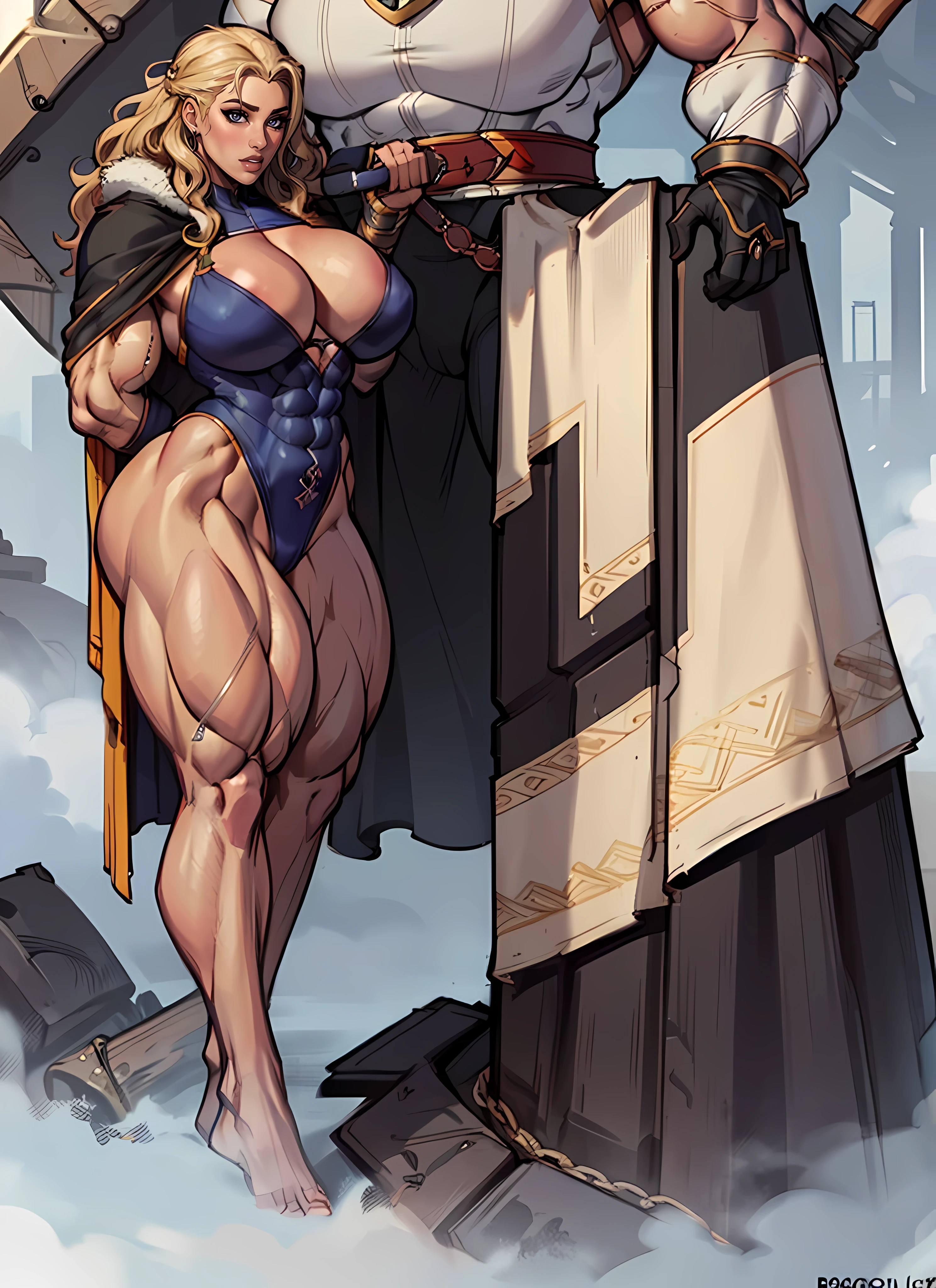 beautiful woman, viking warrior, (wide hips), ((Huge breasts)), (((long leguscular Quadricepassive Female Bodybuilder))))), ((((Huge Muscles)))), fur cloak, armor, blonde hair, wavy hair, (closeup, portrait shot), (solo), realistic