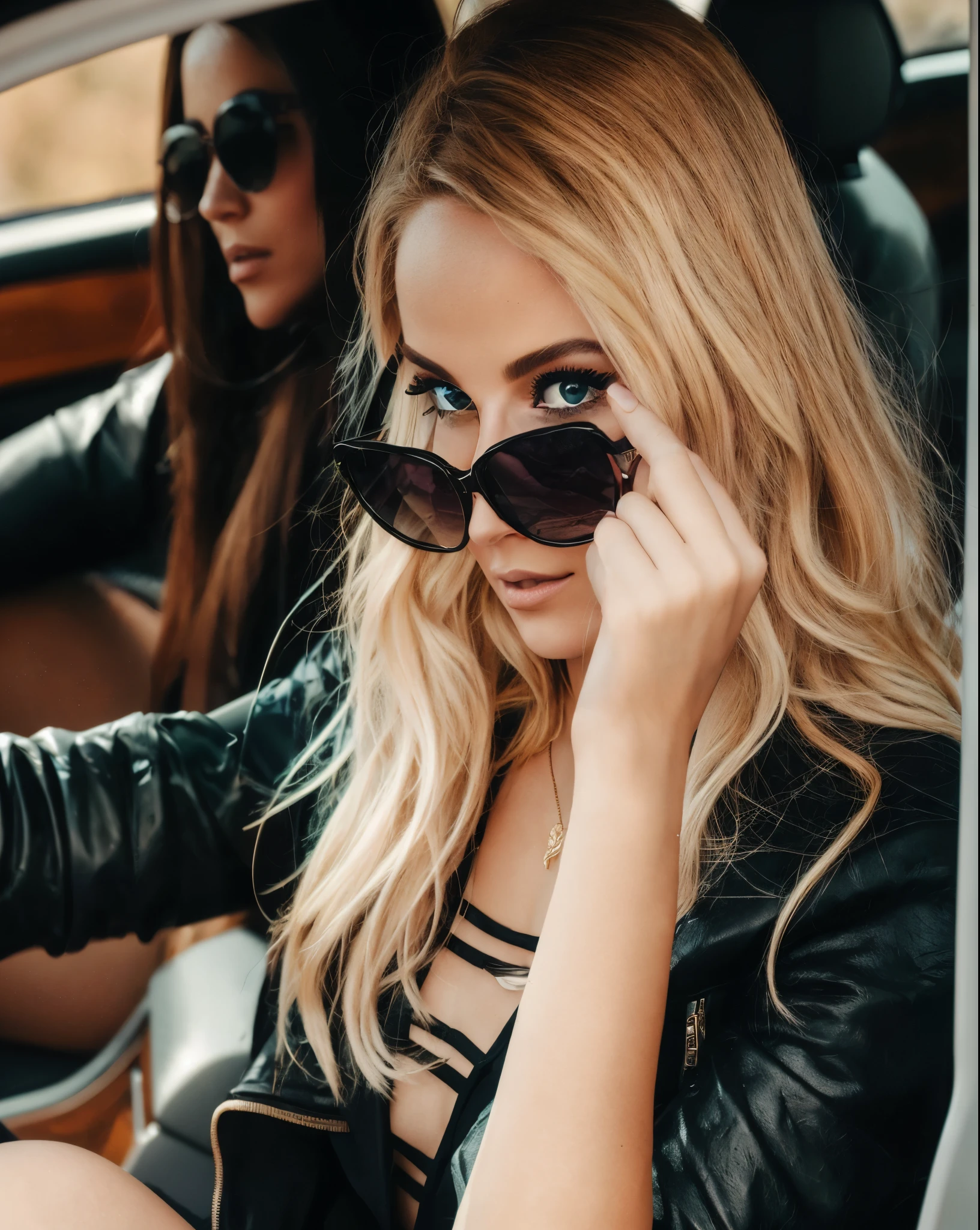 blond woman in sunglasses sitting in a car with another woman behind her, wearing shades, with sunglass, sunglasses, wearing cool sunglasses, blonde women, with sunglasses, wearing versace sunglasses, sitting in her car, aviators, two models in the frame, portrait of kim petras, wearing sunglasses, jovana rikalo, wearing mirrored sunglasses, in sun glasses