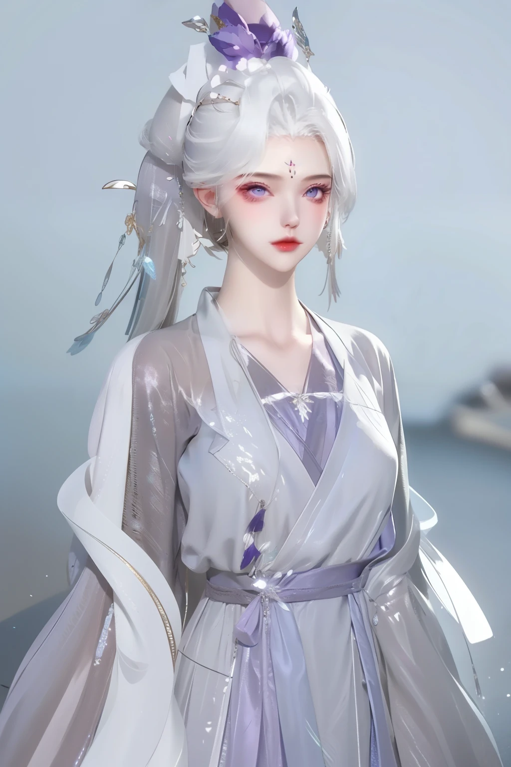 （best quality，masterpiece：1.2），ultra high resolution，realistically，front lighting，intricate details，Exquisite details and textures，（1 girl），solo，upper part of body，Purple Hanfu，好漂亮的big eyes，purple dress，Petal decoration，beautiful face，facing the audience，ribbon，gossamer，（young），facial highlights，Detailed production，tear nevus，White skin，silver hair，high ponytail，looking at the audience，big eyes，（hollow pattern），ear nipple ring，fit，White background，right hand，professional lighting，photon mapping，radio city，Physically based rendering
