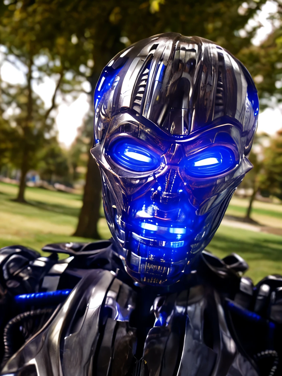best quality, realistic, (TX endoskeleton) (glowing blue:1.1), outdoors, daytime, sunlight, shiny chrome, shiny metal, very detailed, sharp details, (clear lighting) (macro photography:1.0)
